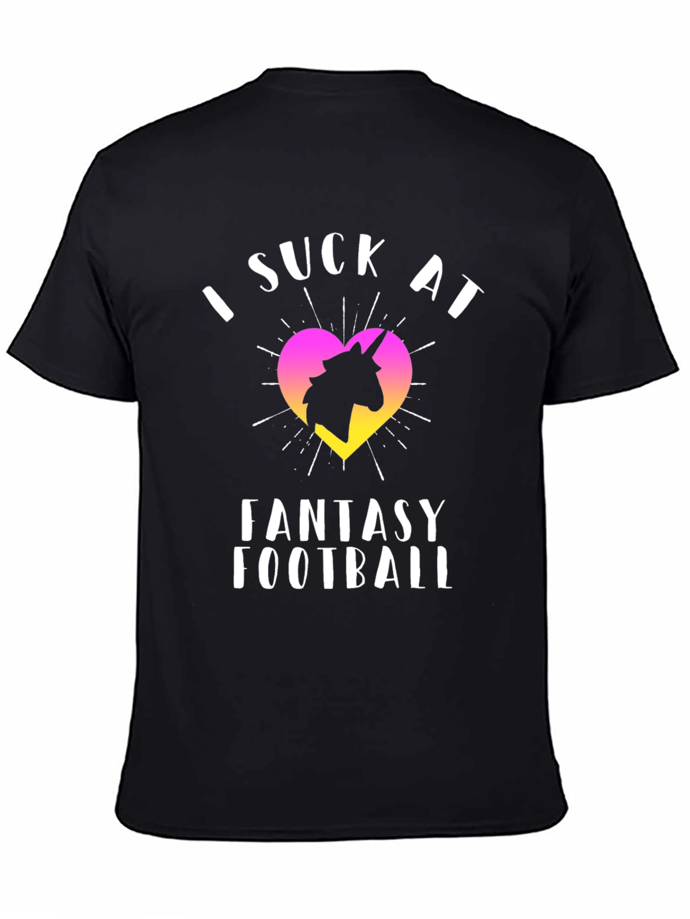 Black I Suck At Fantasy Football Unicorn T-Shirt view 4