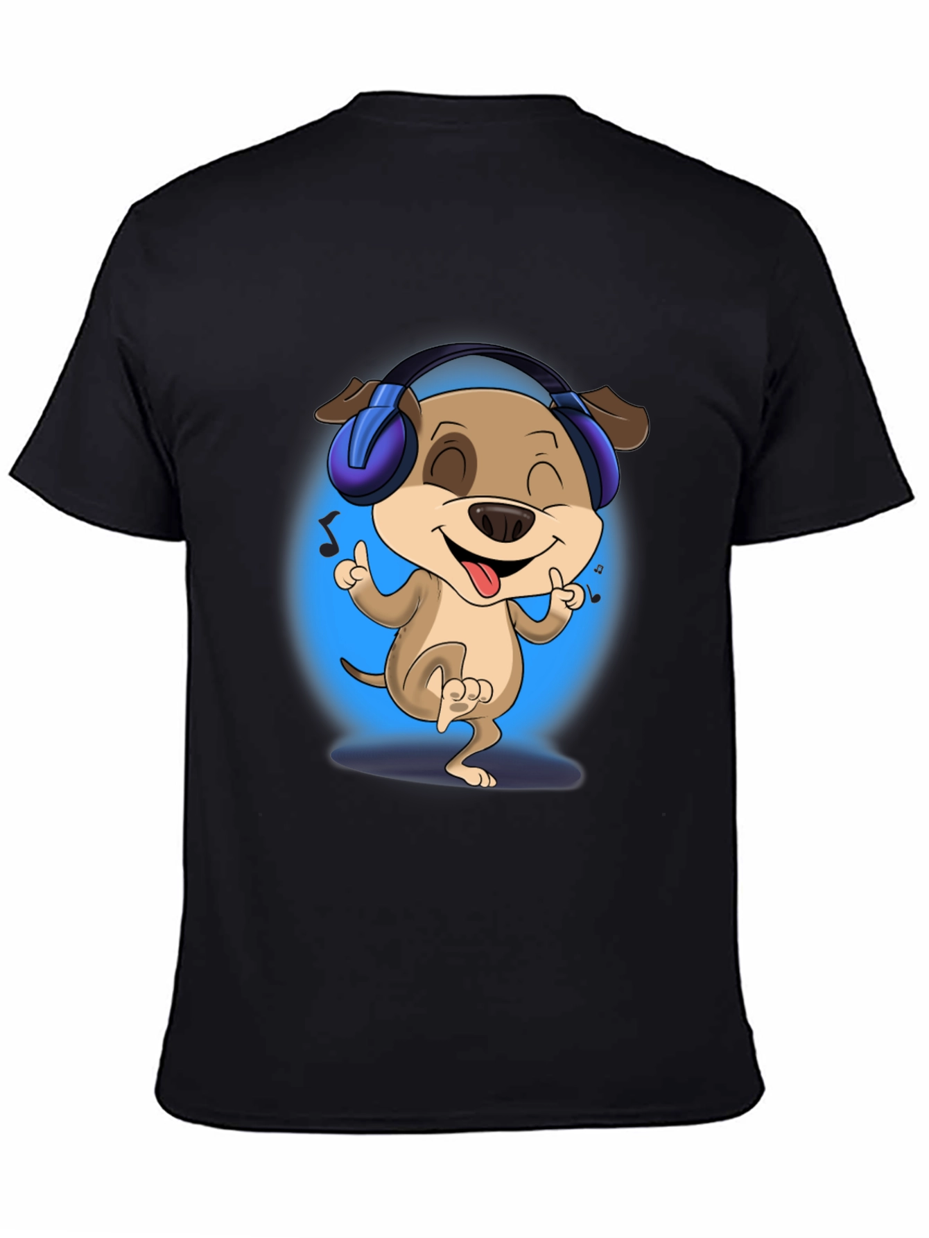 Black Cool Dog with Headphones Black T-Shirt view 4