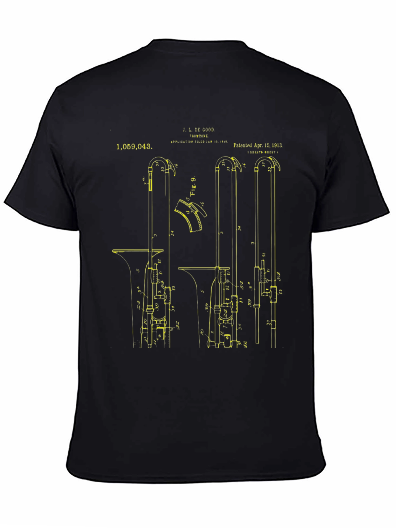 Black Vintage Trombone Patent Print T-Shirt view 4