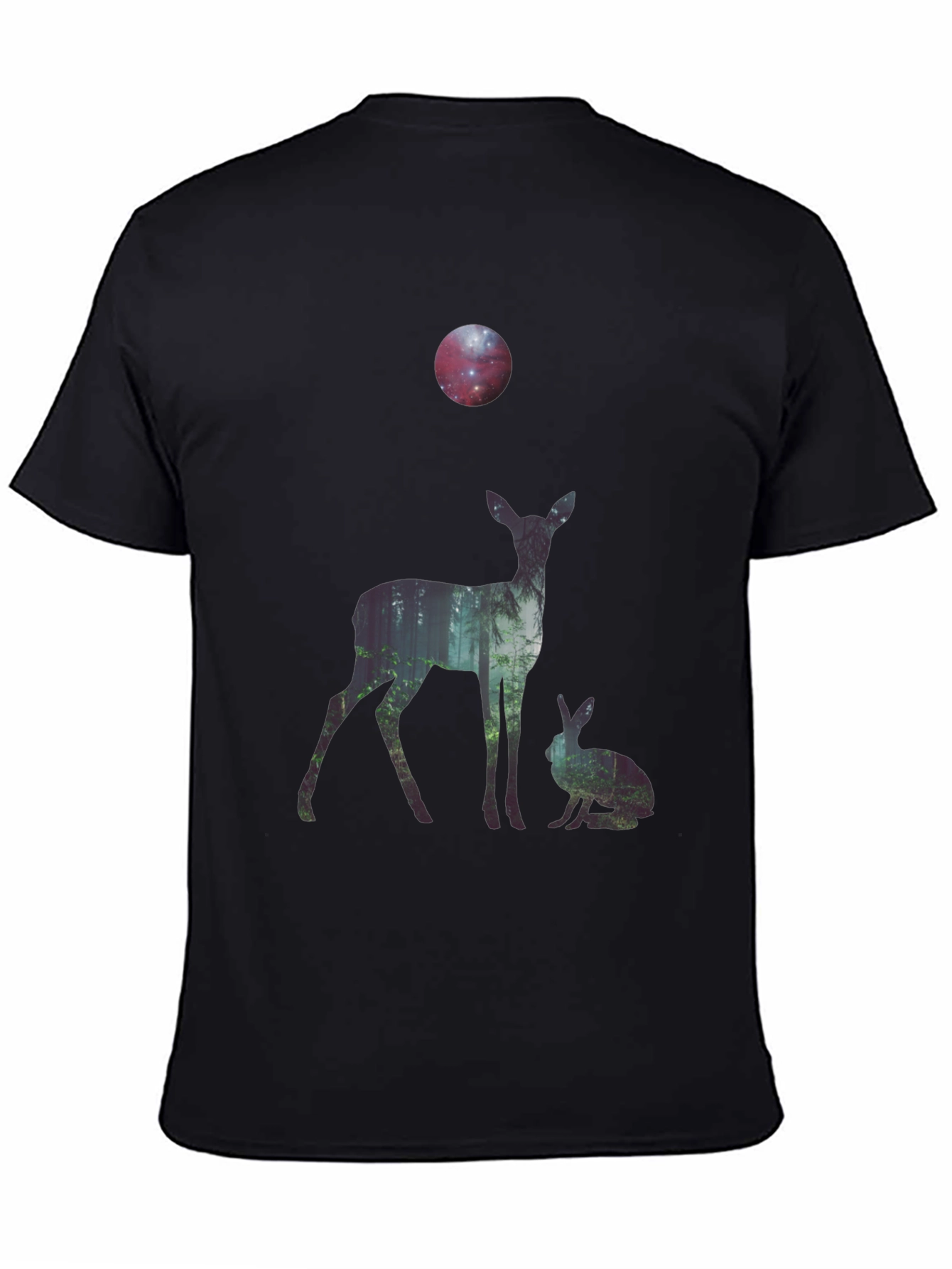 Black Nature Deer and Rabbit Graphic Print T-Shirt view 4