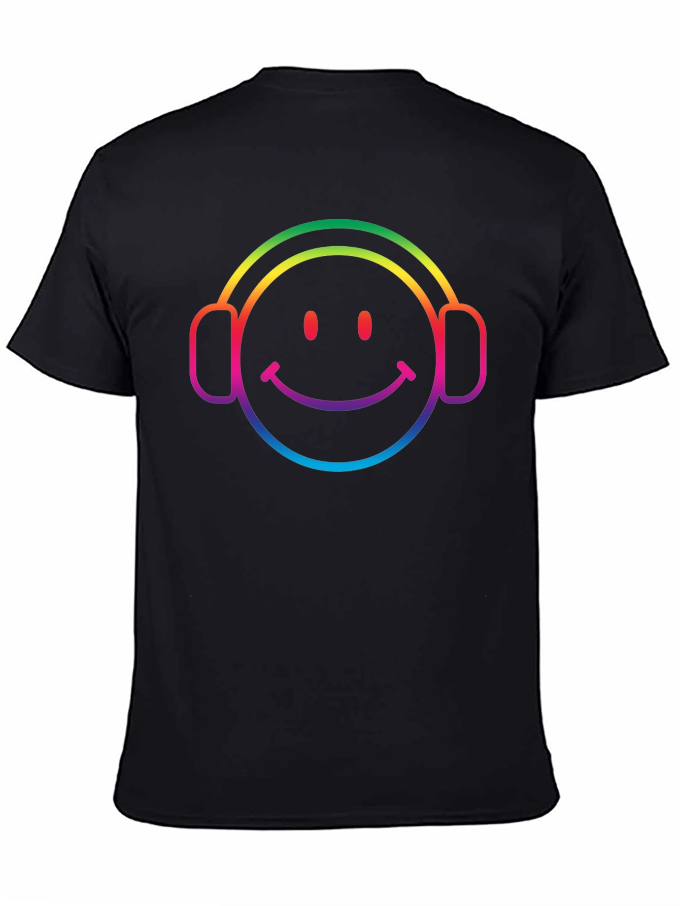 Black Rainbow Smiley Face Headphones Black T-Shirt view 4