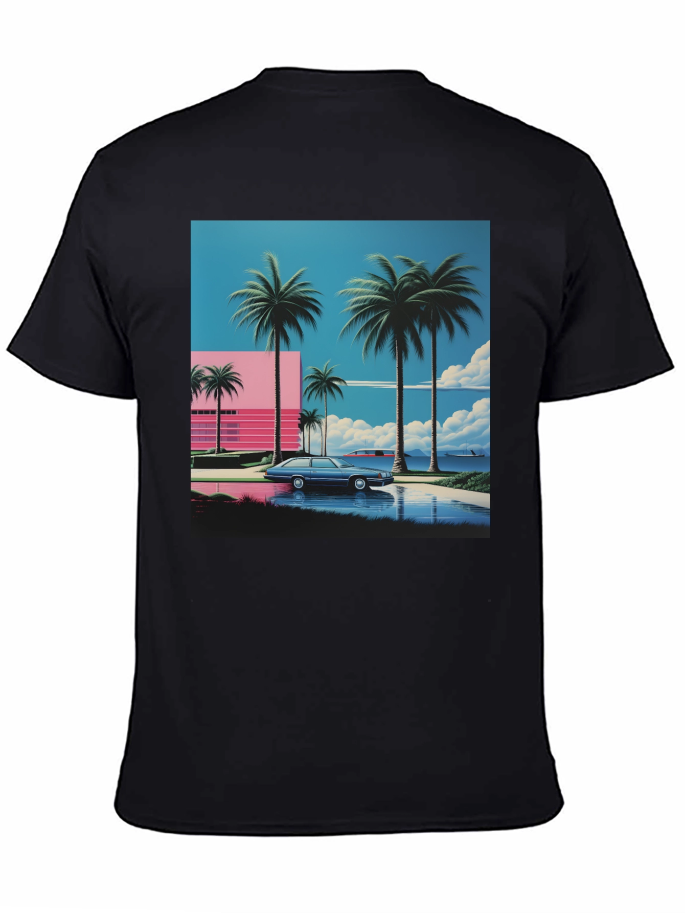 Black Miami Vice Style T-Shirt, Retro Car & Palms view 4