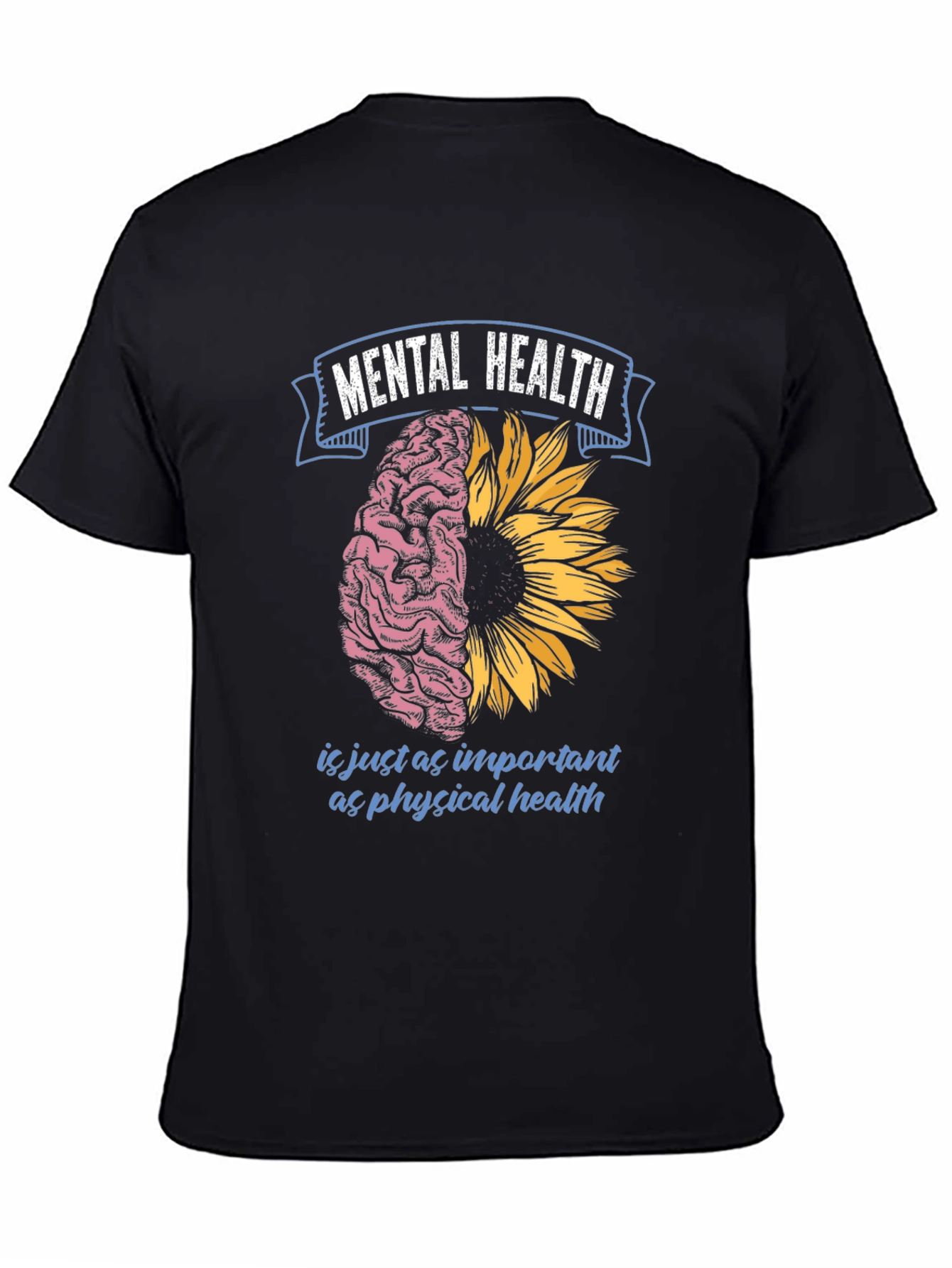 Black Mental Health T-Shirt: Brain & Sunflower Design view 4