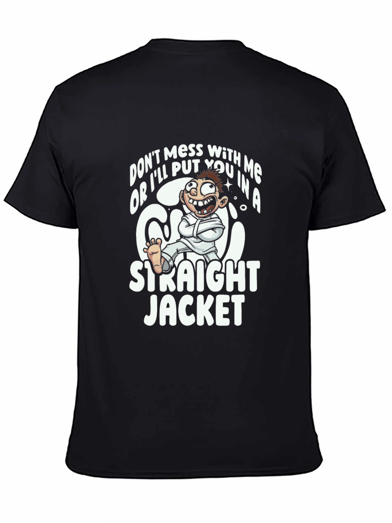 Black Funny Straight Jacket Cartoon Graphic T-Shirt view 4
