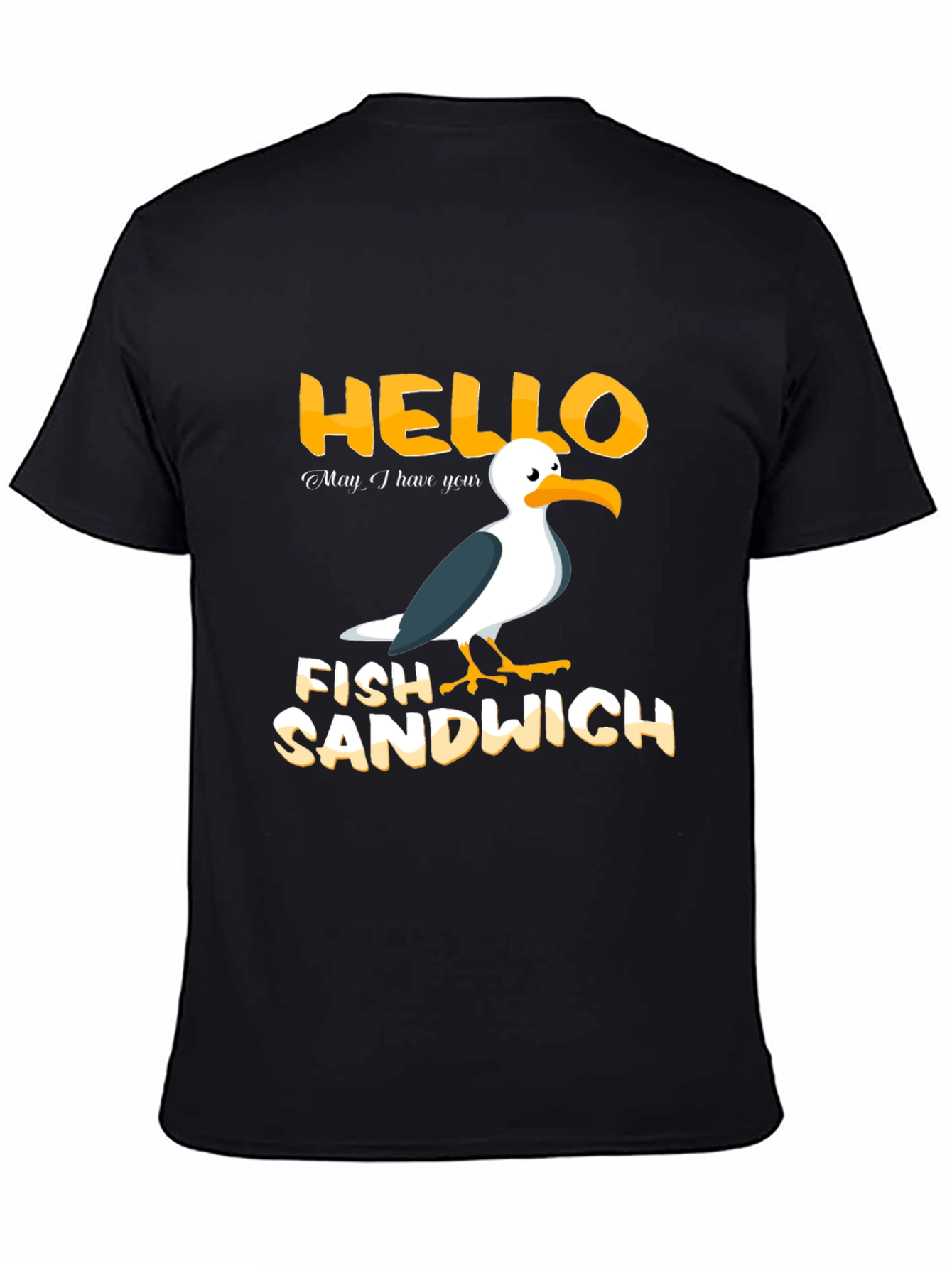 Black Hello Fish Sandwich T-Shirt Funny Seagull Humor Tee view 4