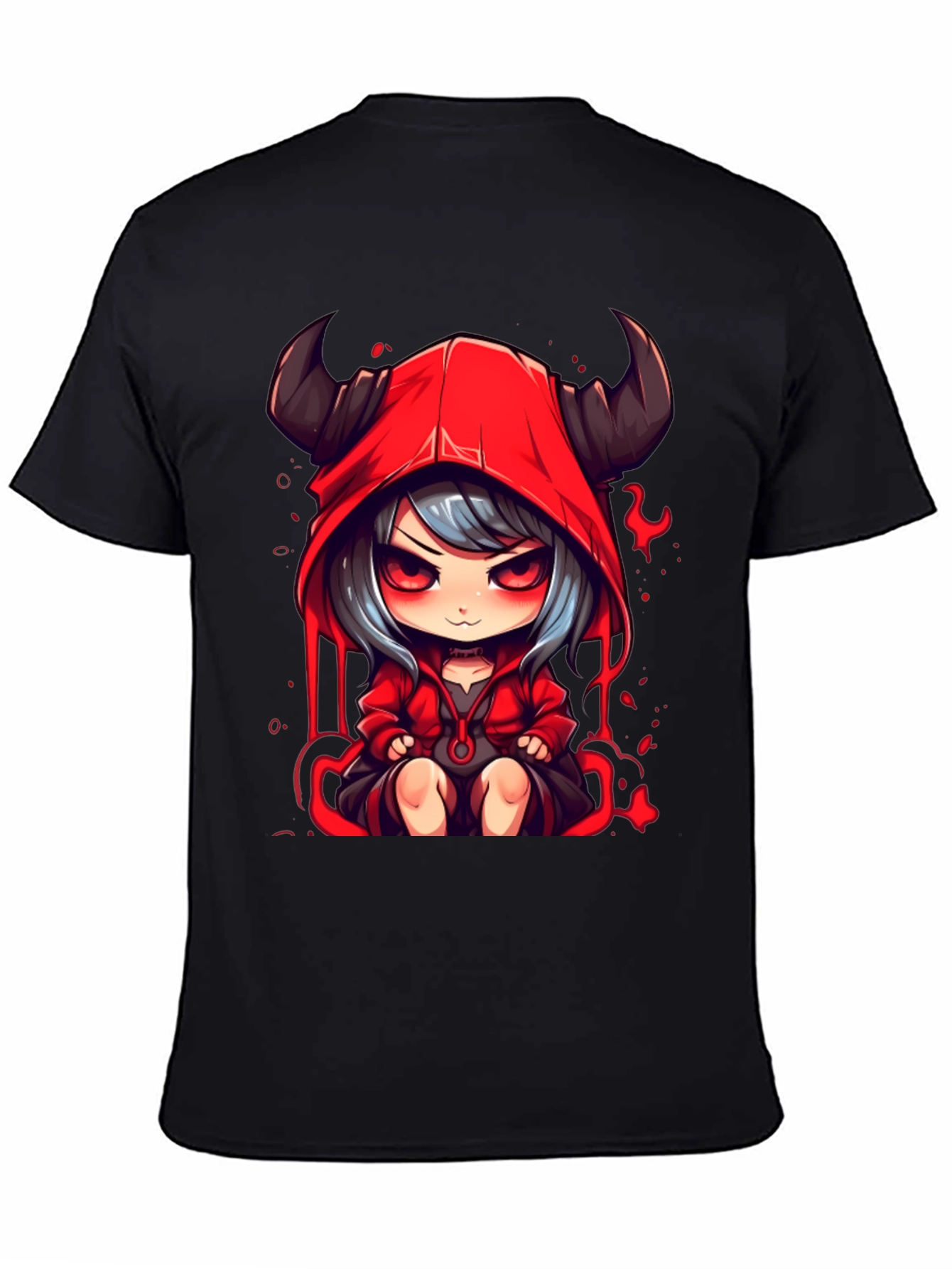 Black Anime Devil Girl Graphic Tee - Black Cotton T-Shirt view 4