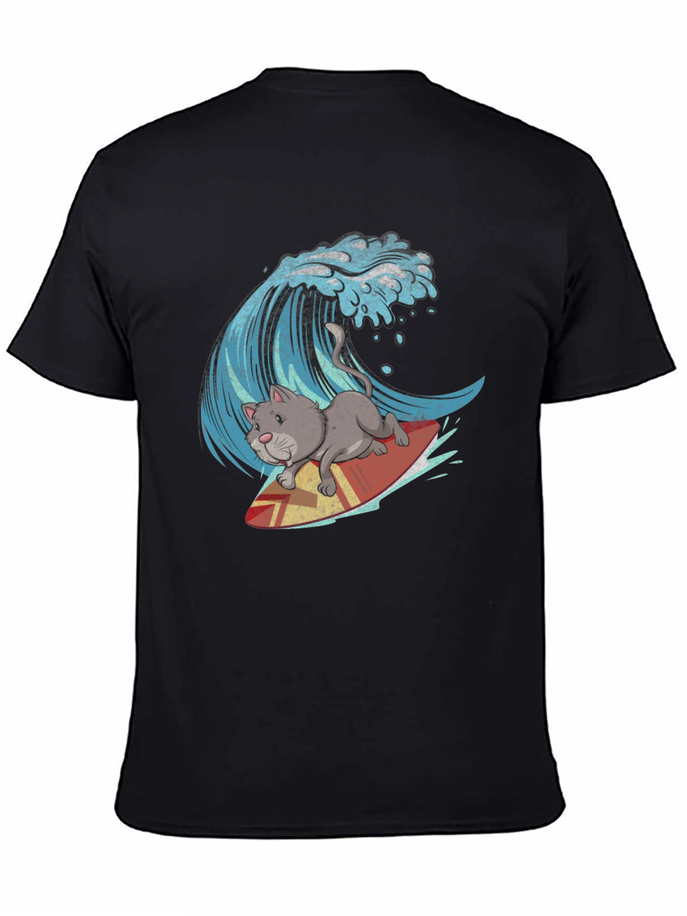 Black Cat Surfing Wave Graphic Tee - Black view 4