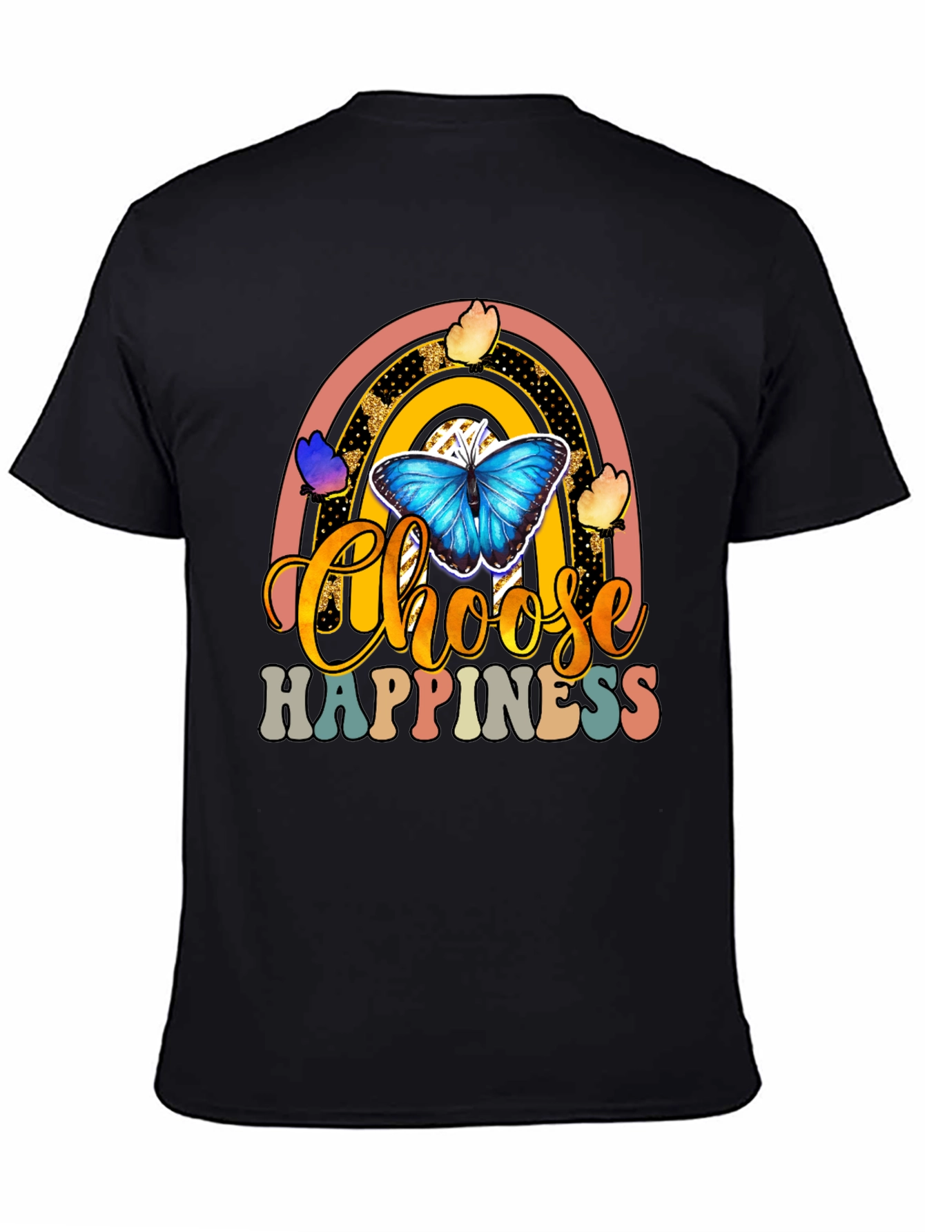 Black Choose Happiness T-Shirt - Butterfly Rainbow Design view 4