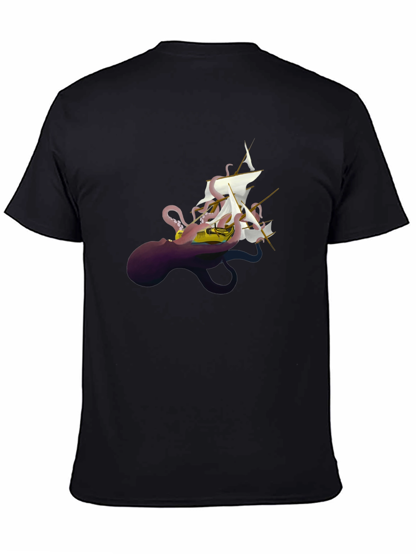 Black Octopus Ship Black T-Shirt - Unique Kraken Graphic Tee view 4