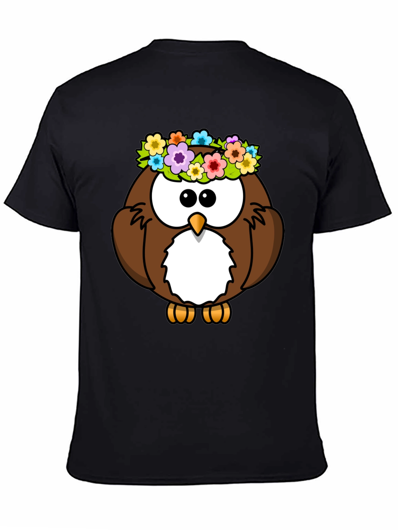 Black Cute Owl with Flowers Graphic Tee - Black Unisex T-Shirt view 4
