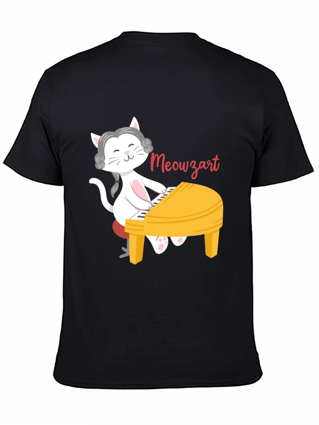 Black Meowzart Cat Playing Piano T-Shirt view 4