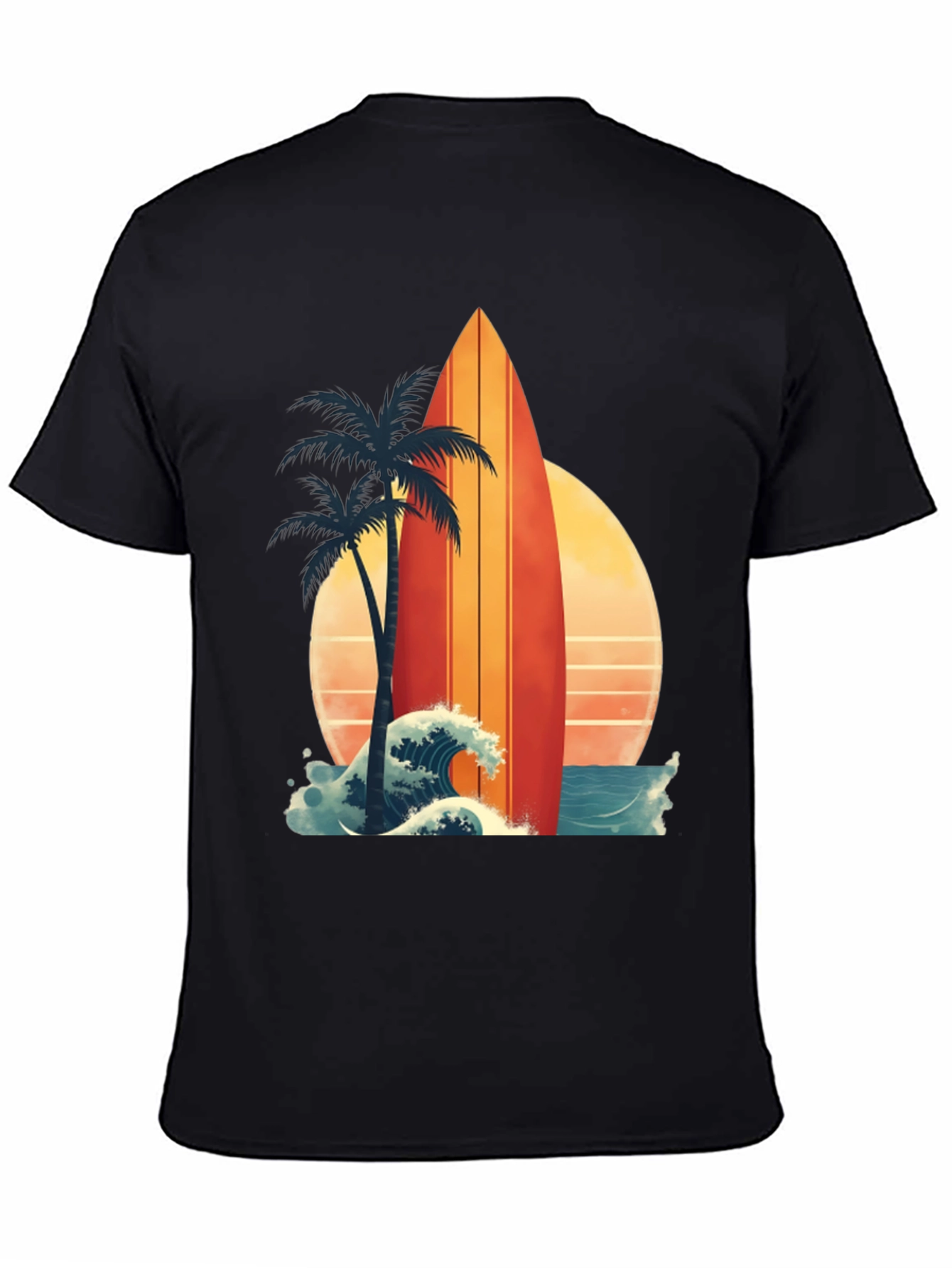 Black Retro Surfboard Palm Tee - Beach Vibes view 4