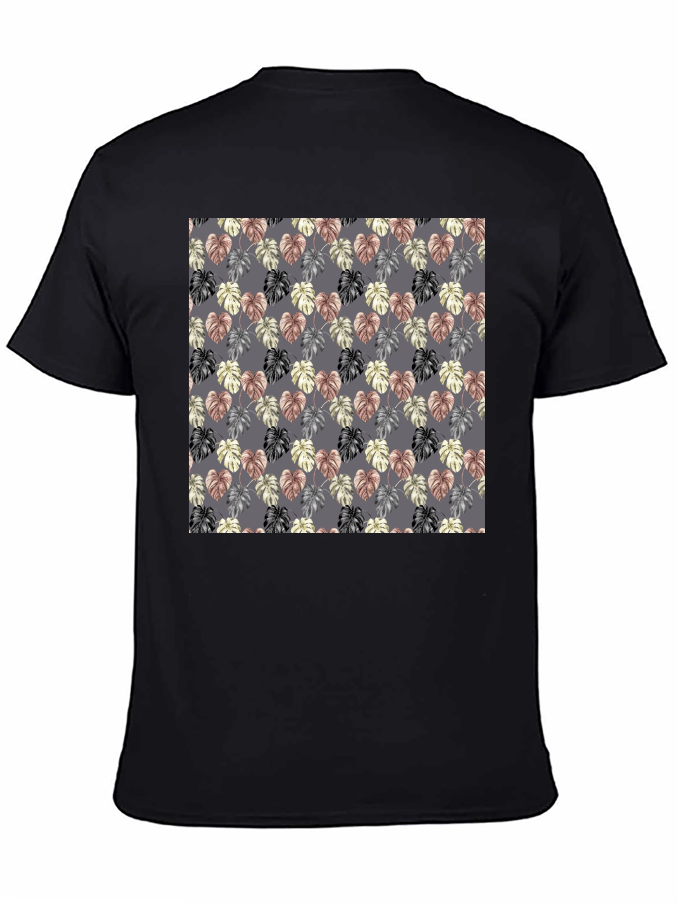 Black Monstera Leaf Pattern Black T-Shirt view 4