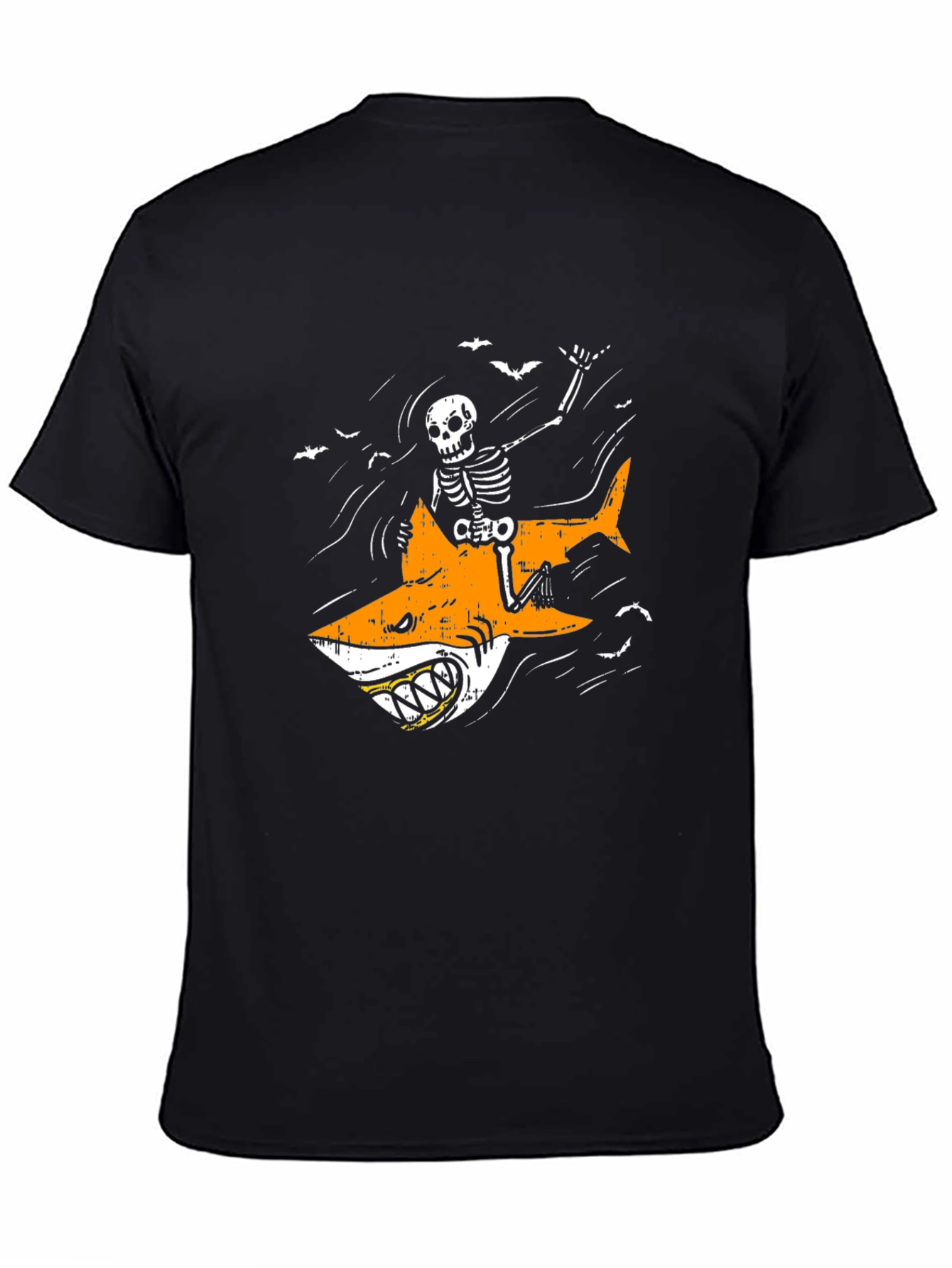 Black Skeleton Riding Shark Graphic Tee - Halloween Shirt view 4
