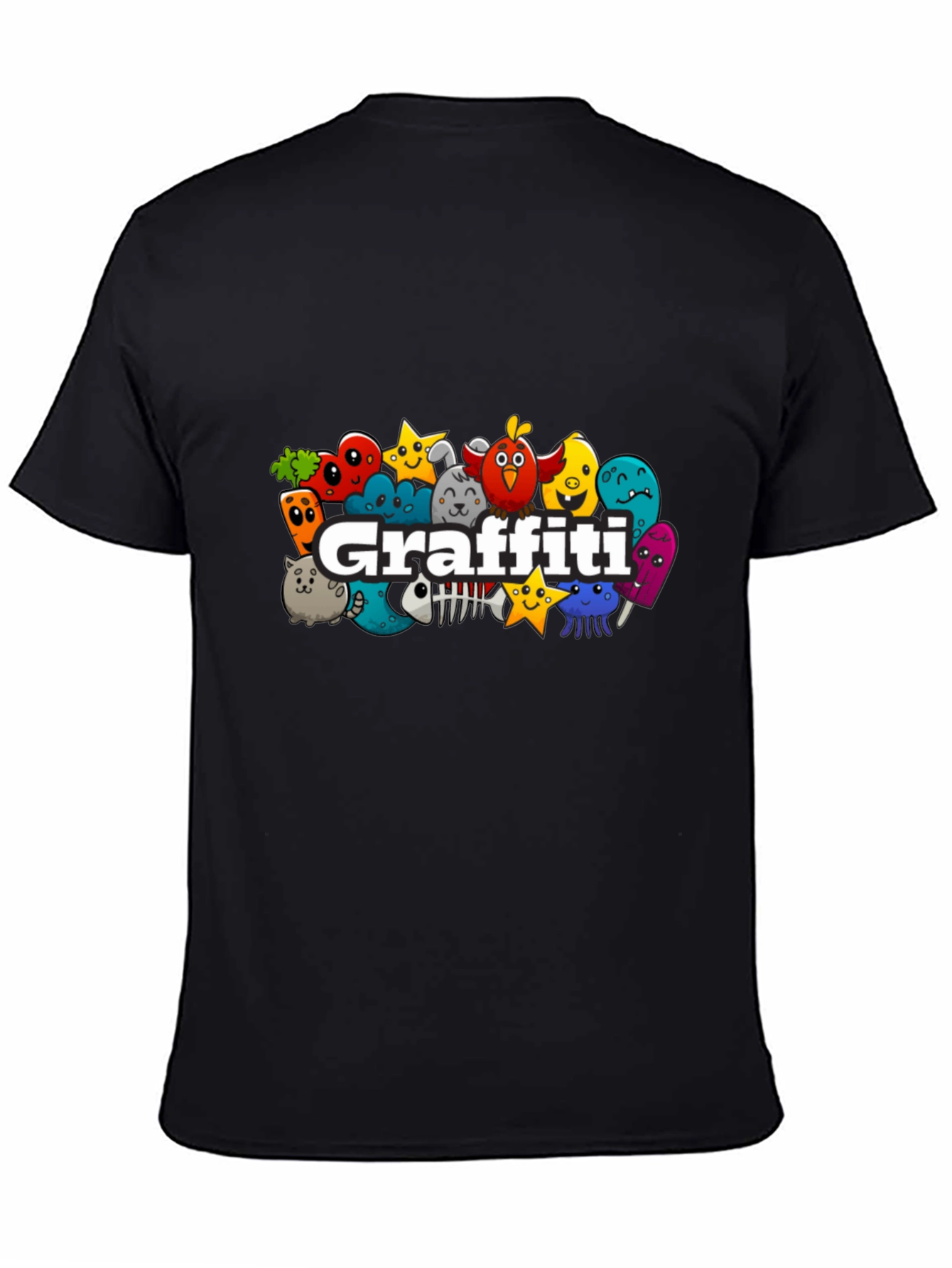 Black Graffiti Cartoon Character Black T-Shirt view 4