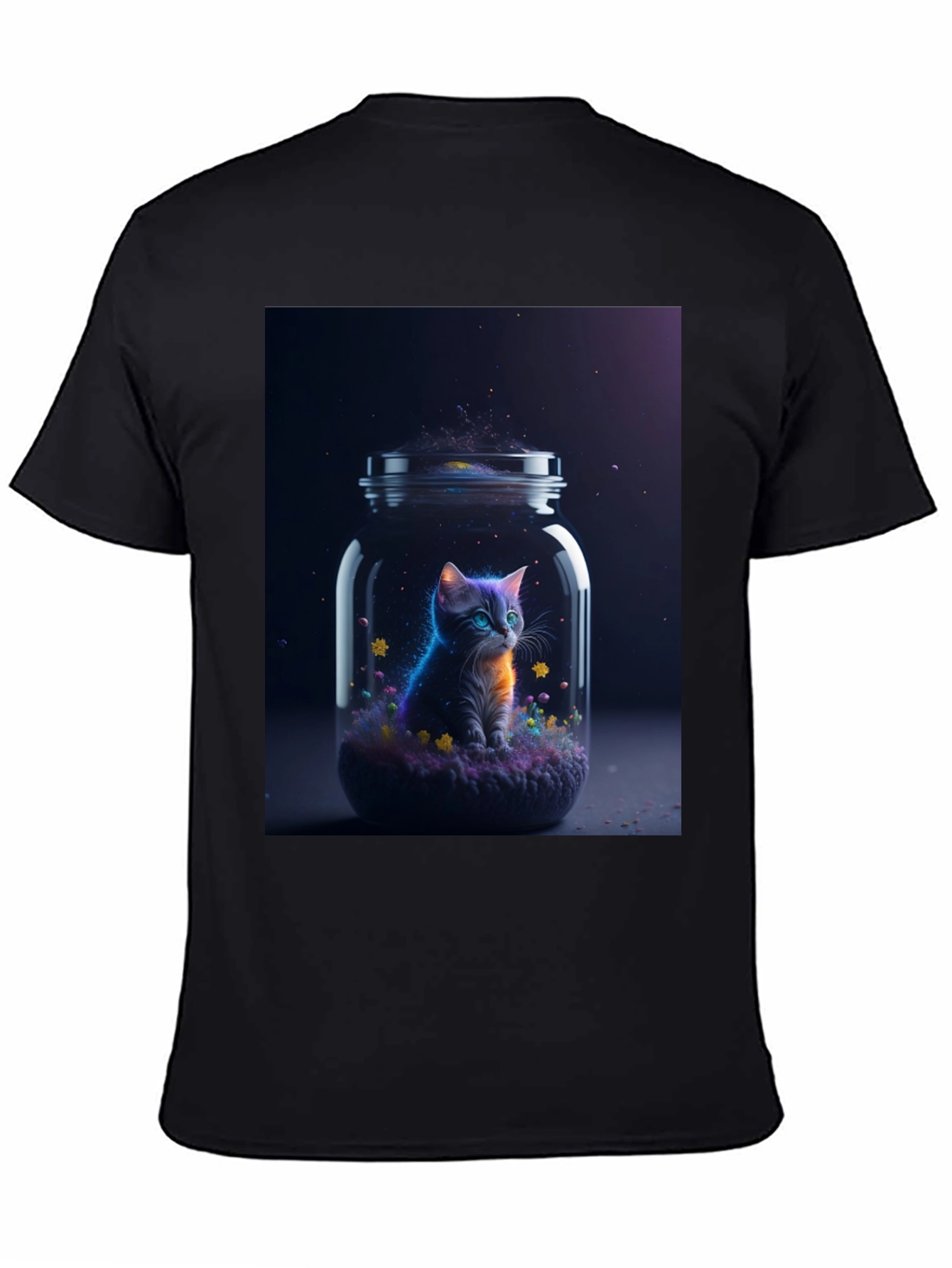 Black Cosmic Cat T-Shirt - Galaxy Kitten in a Jar view 4