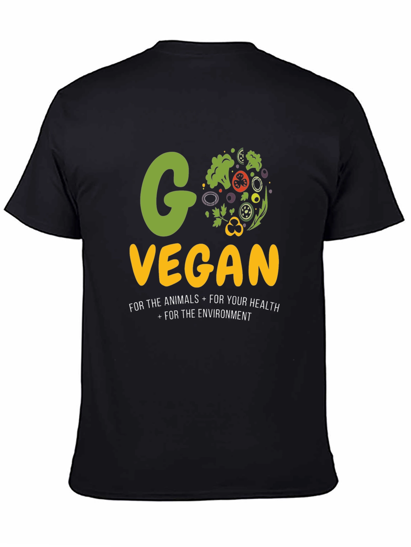 Black Go Vegan Black T-Shirt - Animals, Health, Environment! view 4