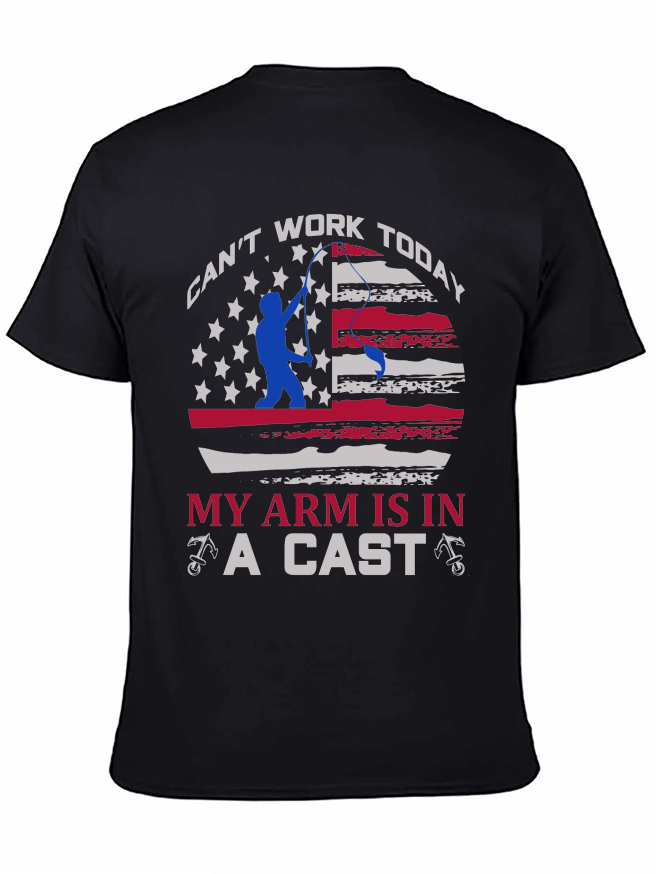 Black Funny Fishing T-Shirt - Can't Work Today - Arm in a Cast view 4