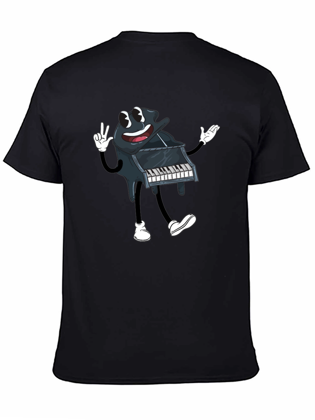 Black Cartoon Piano Graphic Tee - Black Cotton T-Shirt view 4