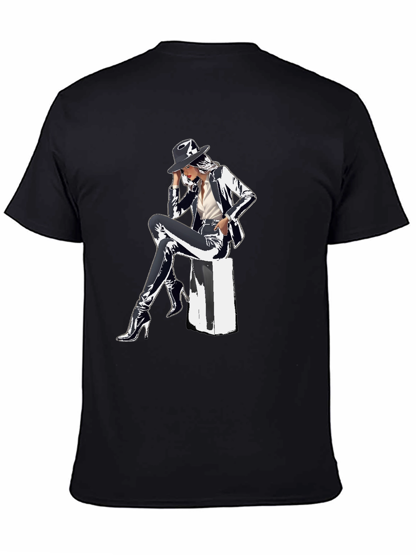Black Sleek Graphic Tee - Woman in Shiny Suit view 4