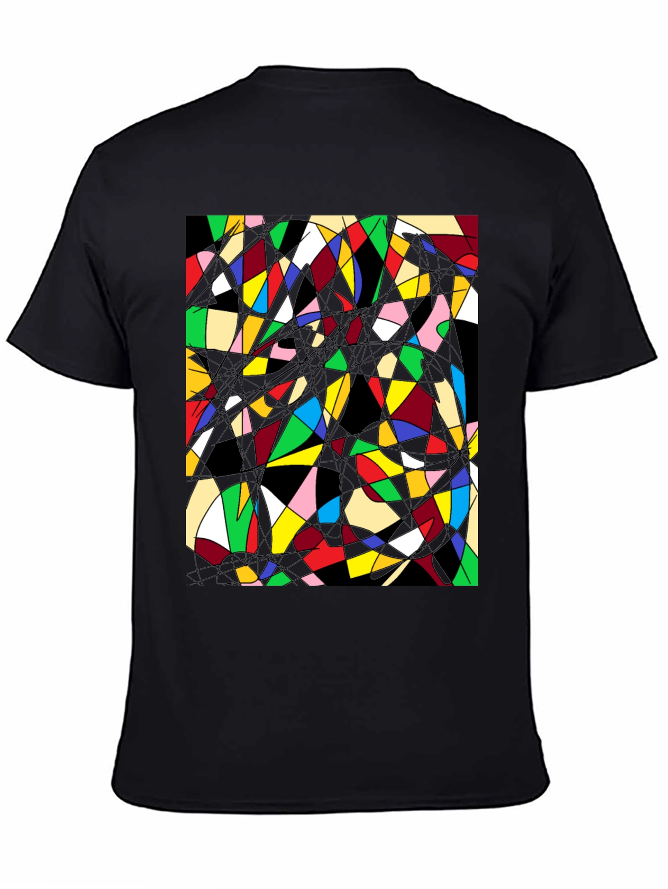 Black Abstract Geometric T-Shirt: Colorful Stained Glass Design view 4