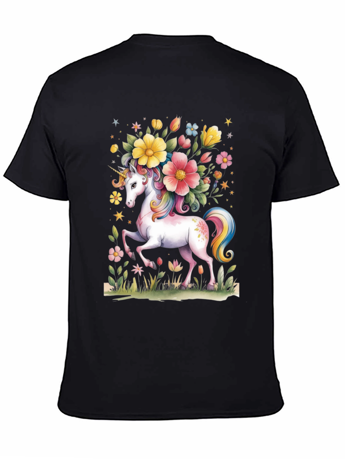 Black Unicorn Floral Graphic Tee - Black Cotton T-Shirt view 4