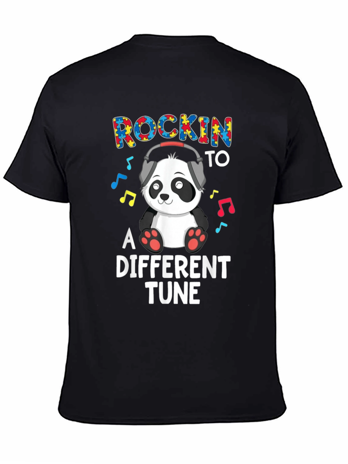 Black Rockin' to a Different Tune Autism Panda T-Shirt view 4
