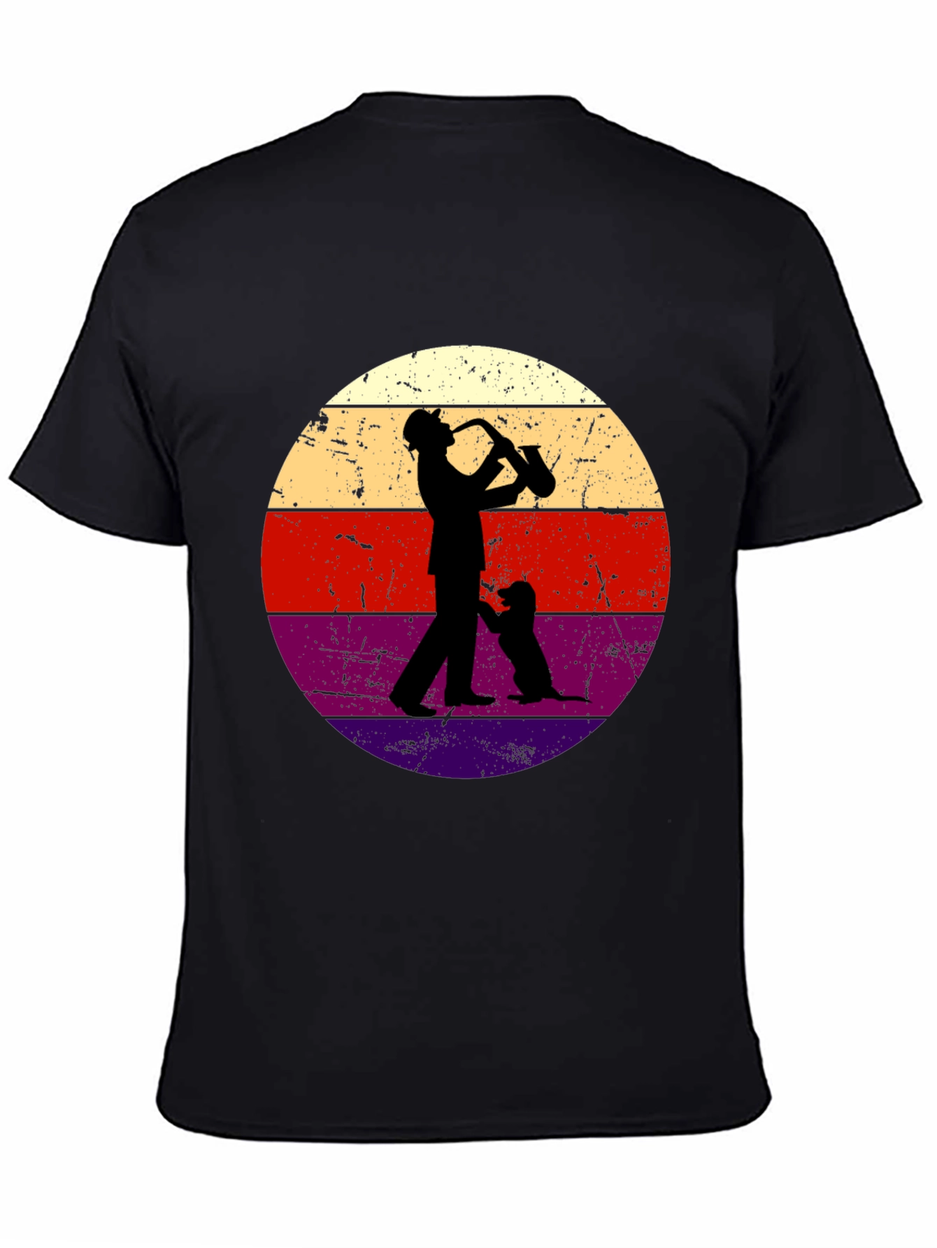 Black Saxophone Player & Dog Retro Graphic Tee view 4