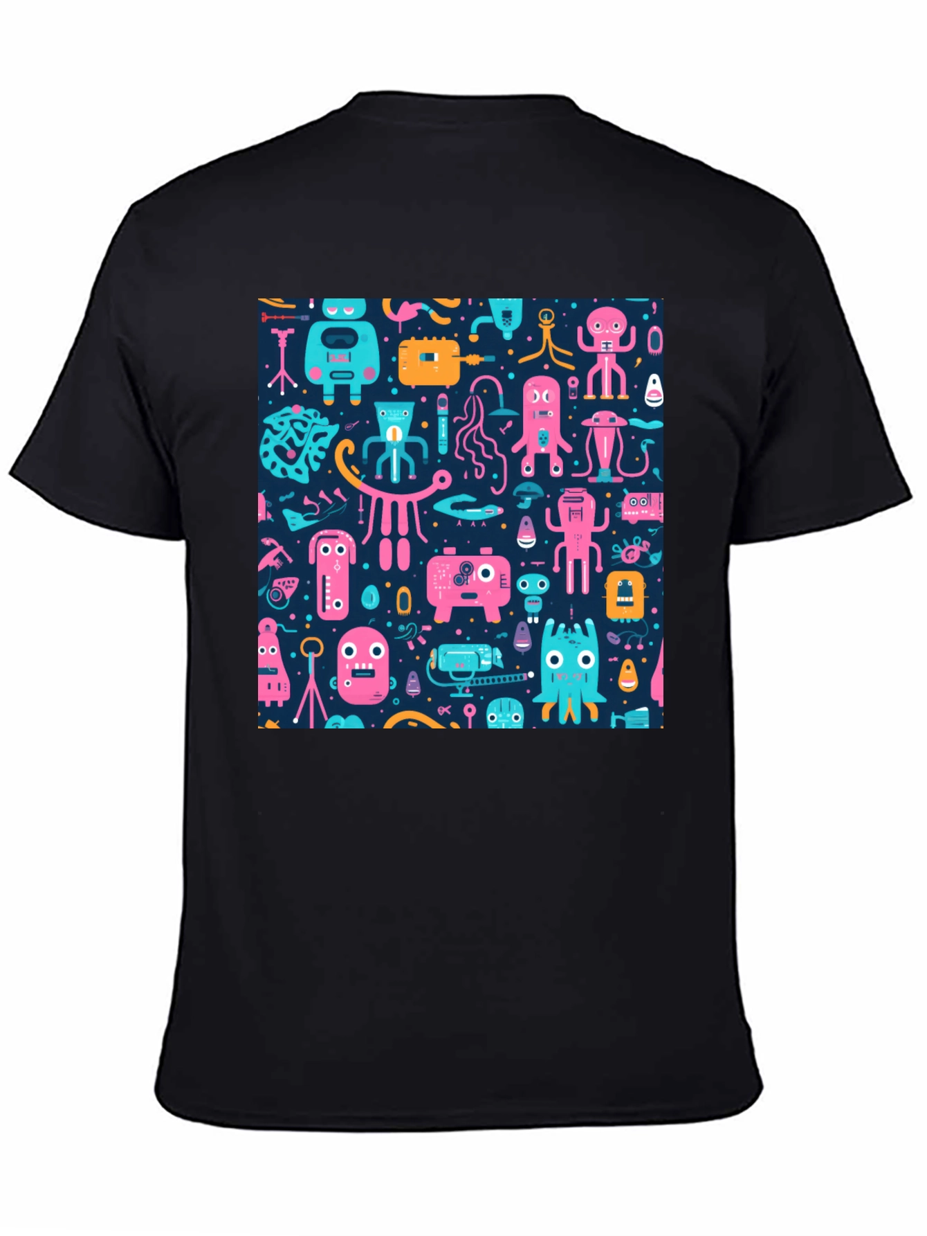 Black Funky Retro Robot Pattern T-Shirt view 4