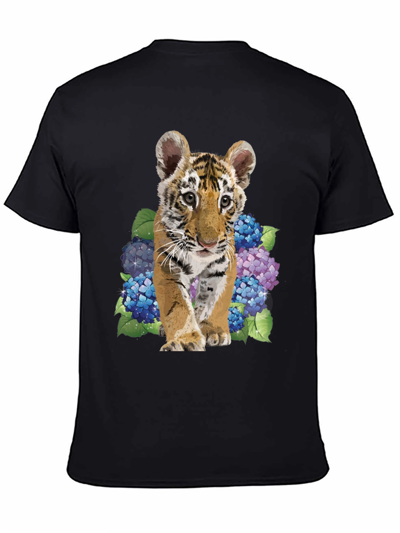 Black Tiger Cub & Hydrangea Graphic Tee - Soft Black Cotton Blend view 4