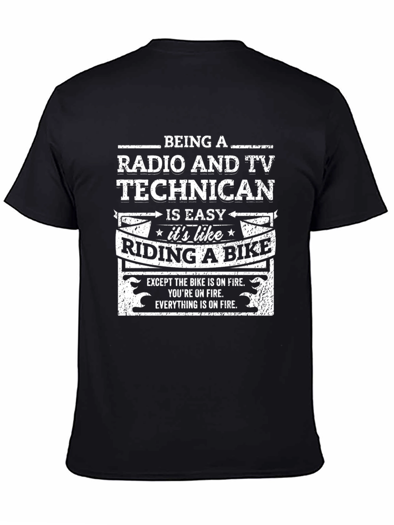 Black Radio & TV Technician Humor T-Shirt: Riding a Bike on Fire view 4