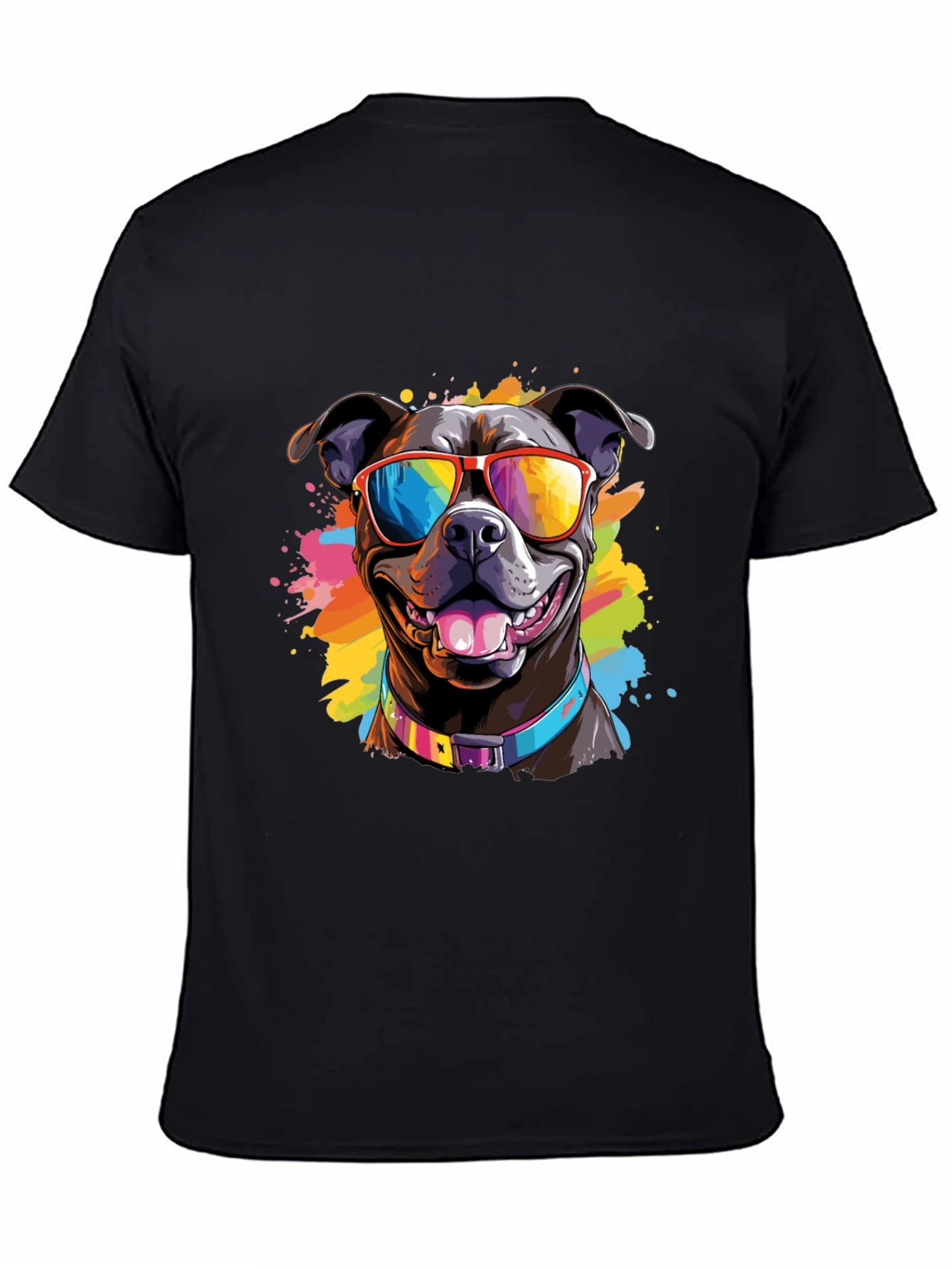 Black Cool Dog T-Shirt - Colorful Pitbull Sunglasses Tee view 4