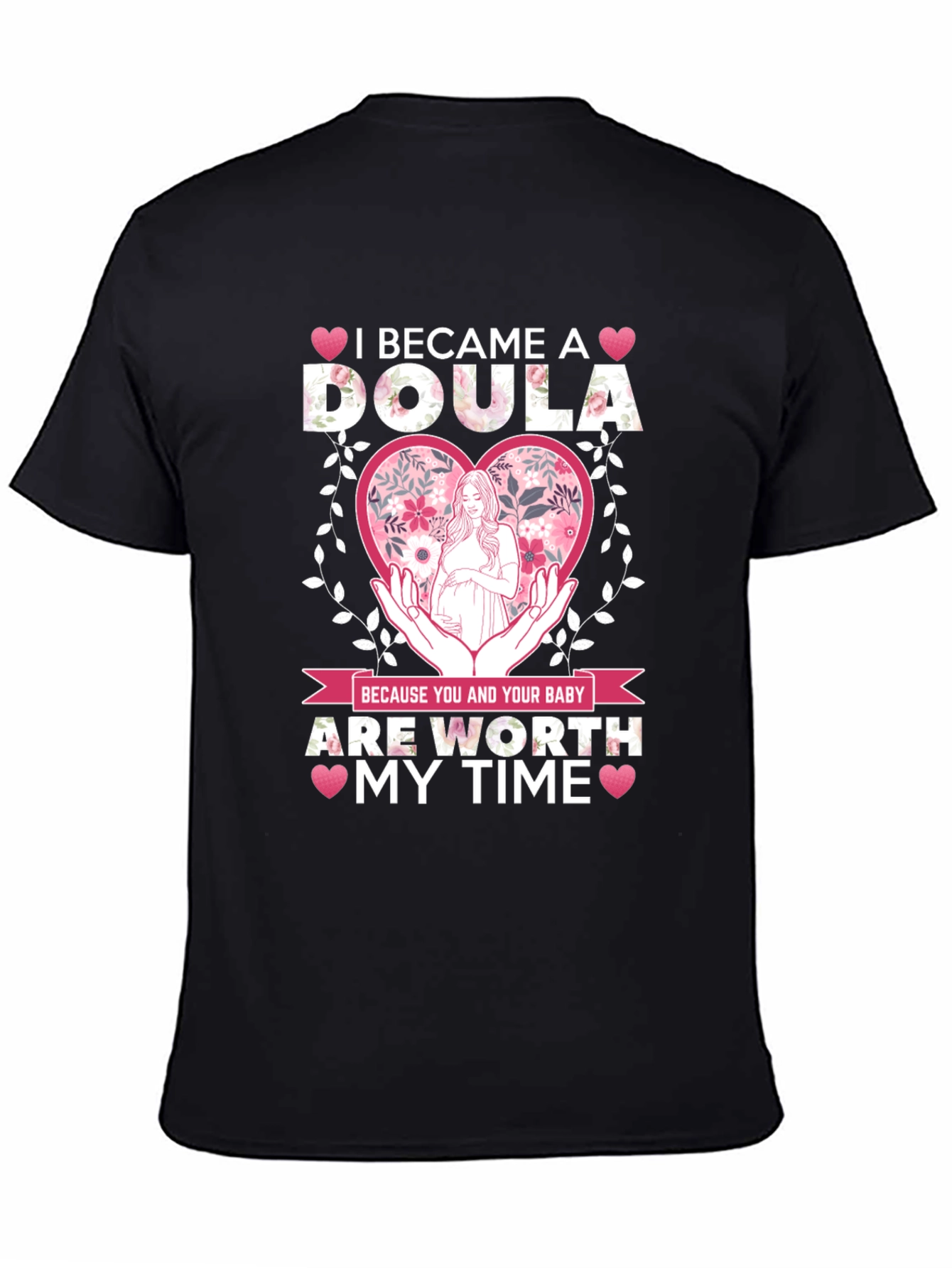 Black Doula T-Shirt - Floral Heart Design view 4