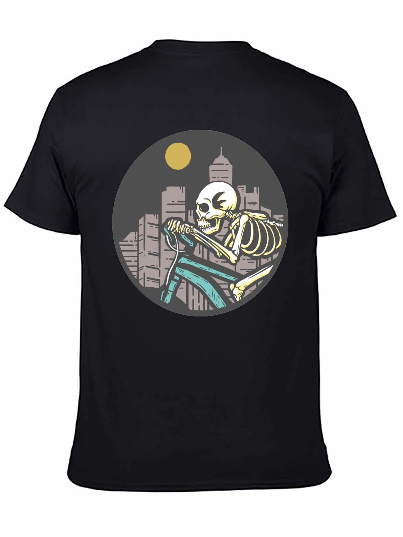 Black Skeleton Riding Bike T-Shirt - Cityscape Design view 4