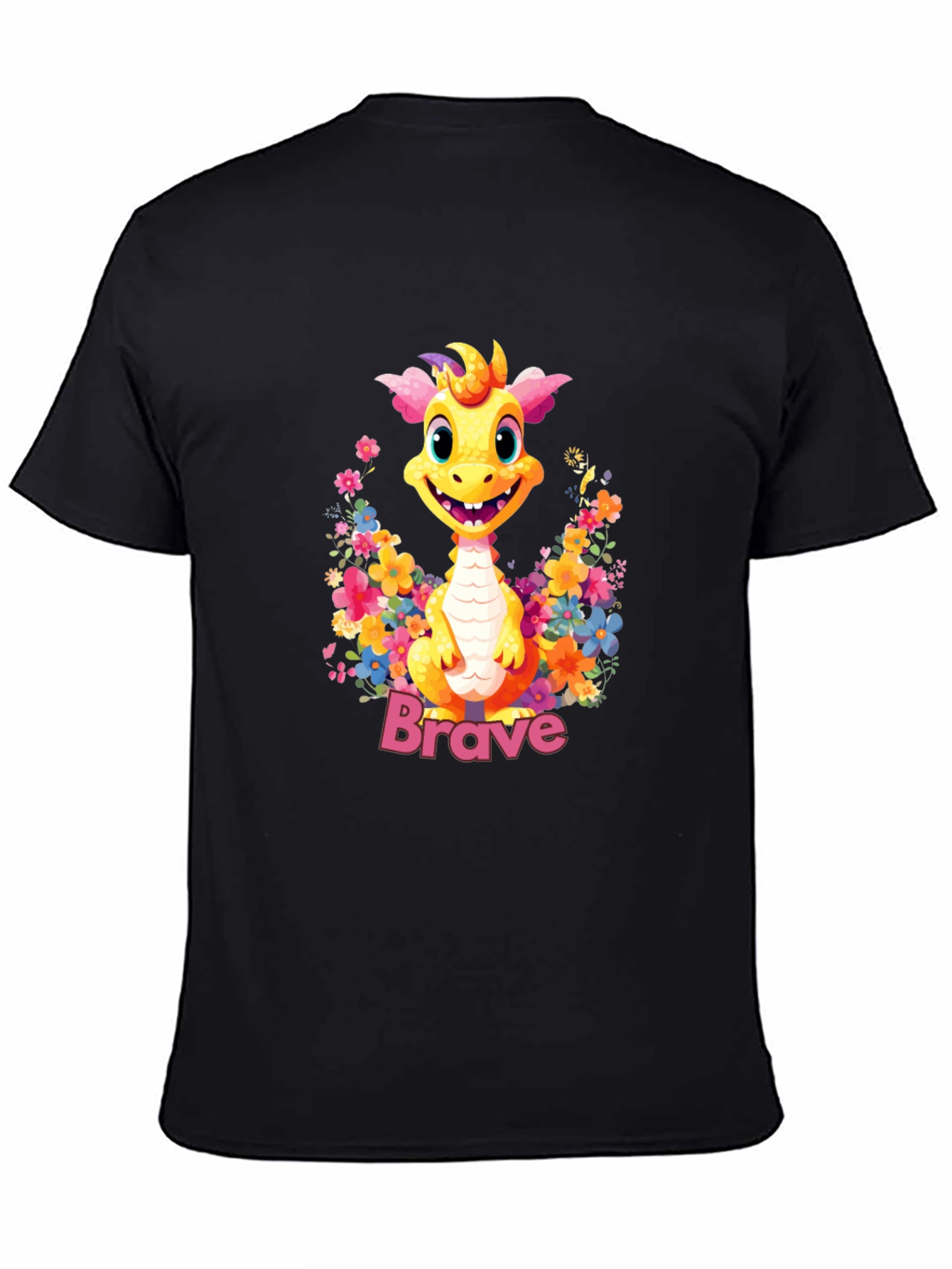 Black Brave Dragon Graphic Tee - Cute Floral Design view 4