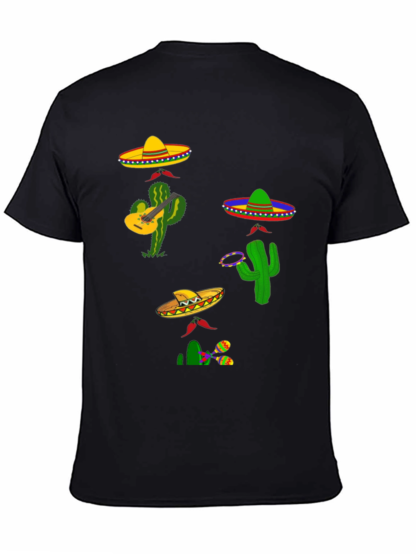 Black Festive Fiesta T-Shirt: Sombreros, Cacti, and Musical Fun view 4