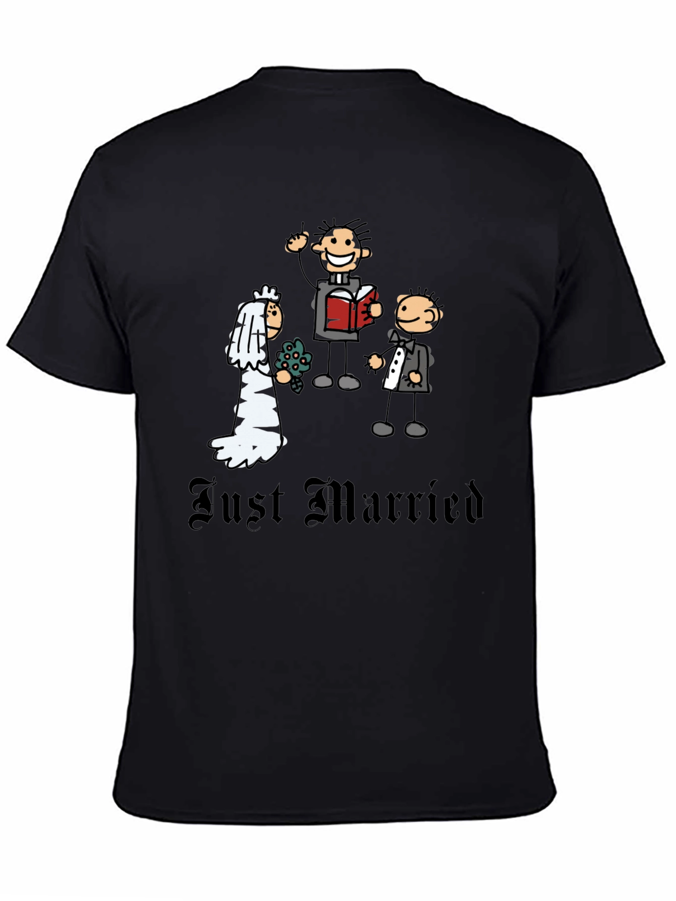 Black Just Married Cartoon Graphic T-Shirt - Novelty Wedding Tee view 4