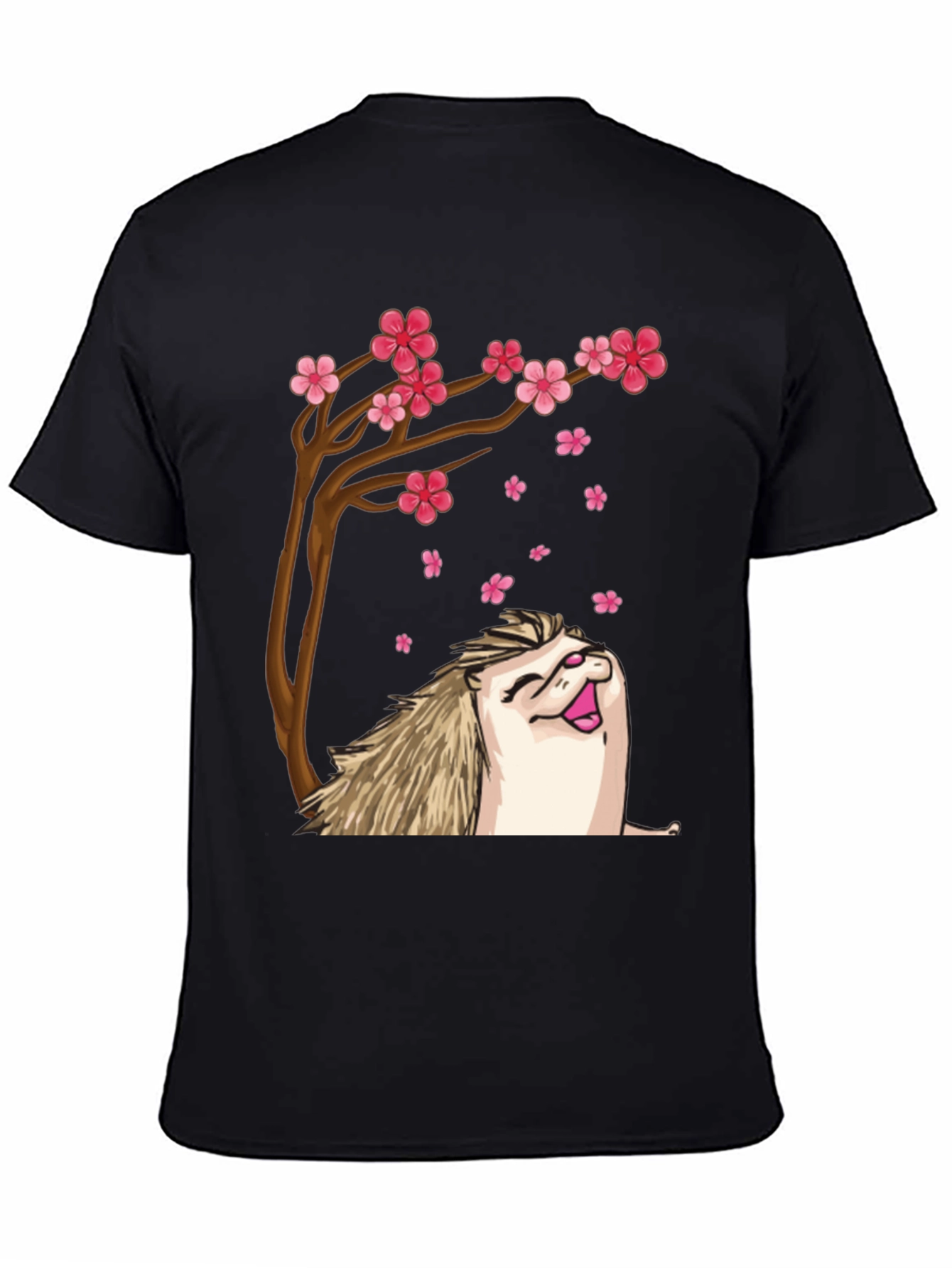 Black Hedgehog Sakura Tree Black T-Shirt view 4
