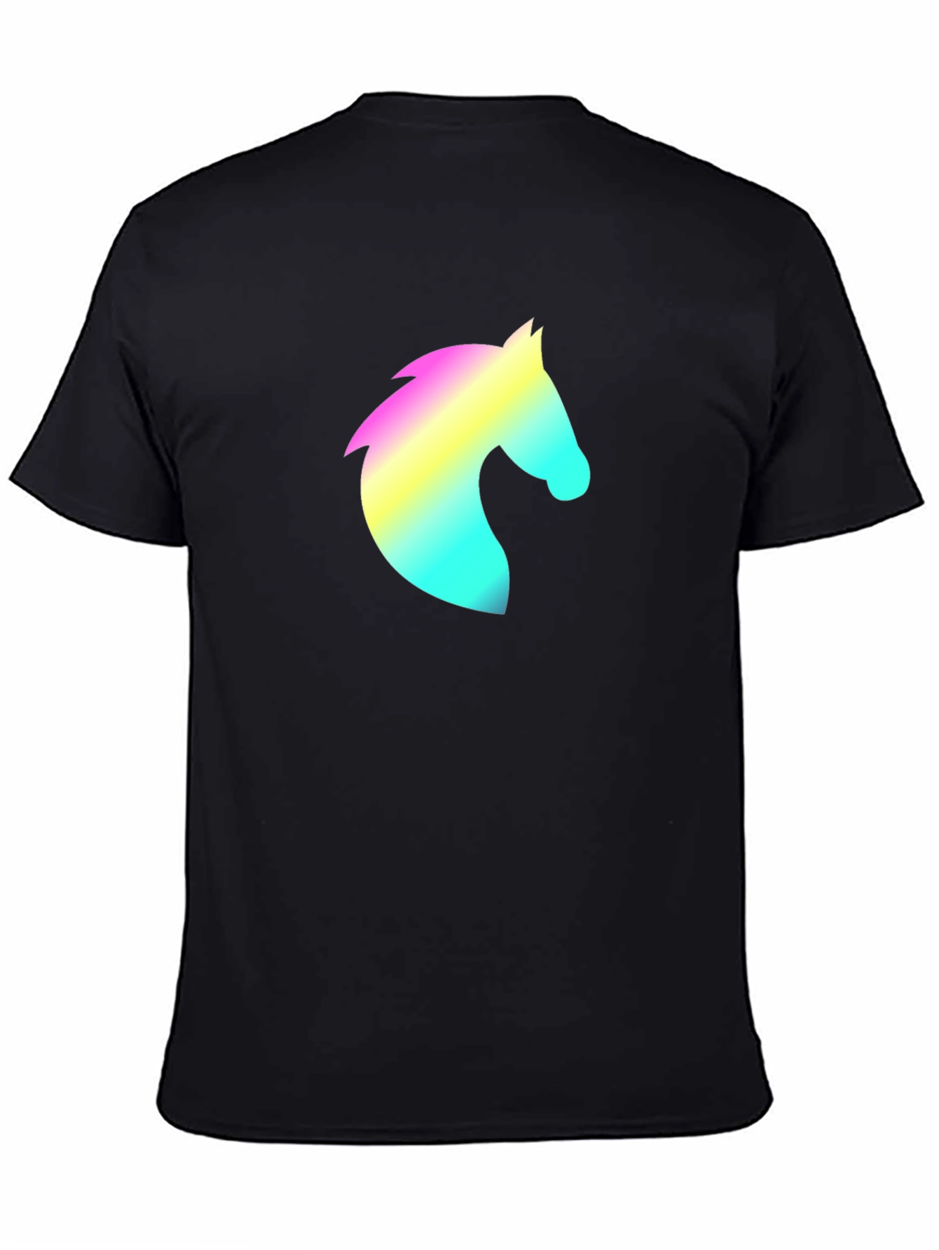 Black Men's Black T-Shirt with Rainbow Horse Head Design view 4
