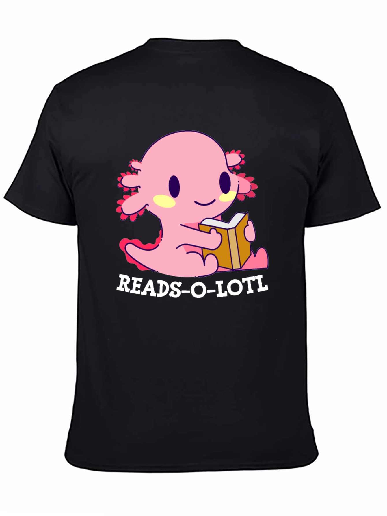 Black Reads-O-Lotl Axolotl Reading T-Shirt view 4