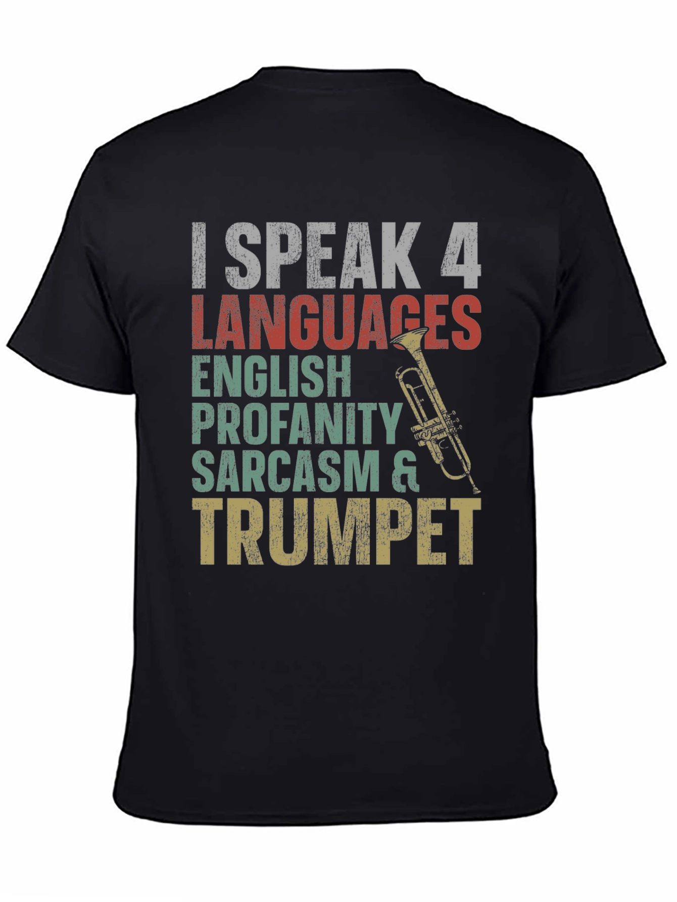 Black I Speak 4 Languages Trumpet Graphic Tee view 4