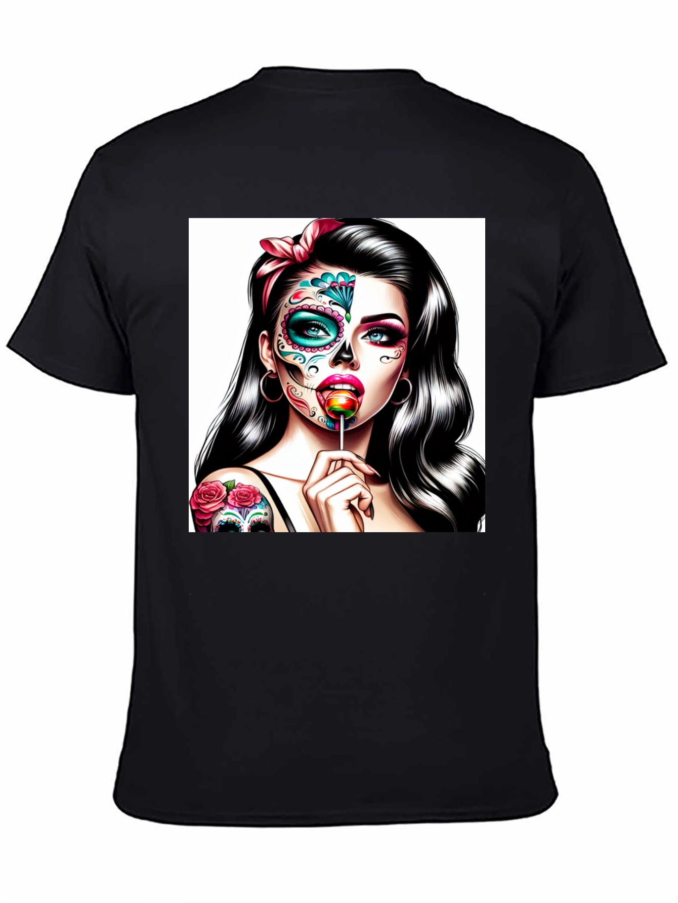 Black Sugar Skull Girl T-Shirt - Dia de los Muertos Art view 4