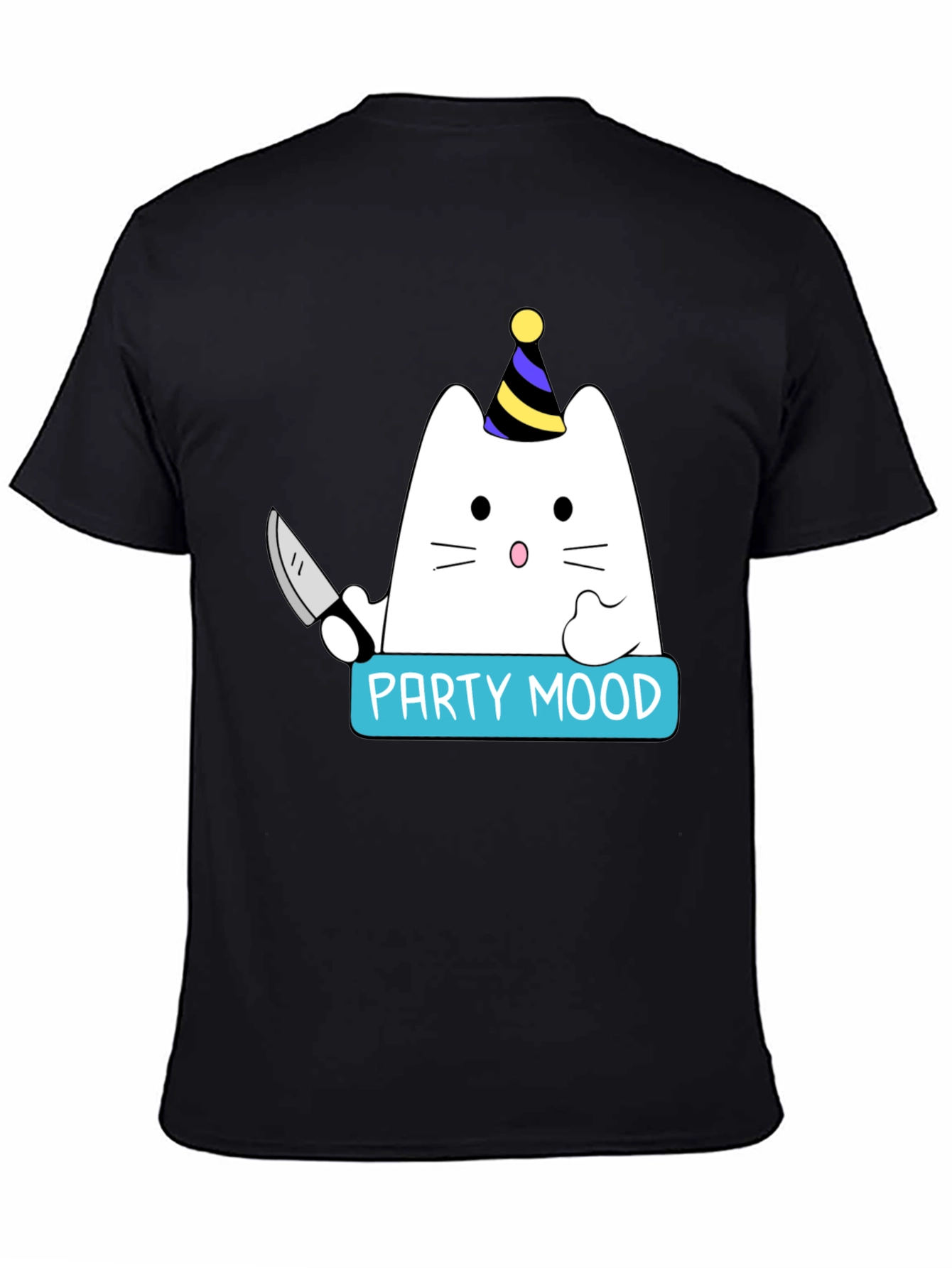 Black Party Mood Cat T-Shirt - Funny Graphic Tee view 4