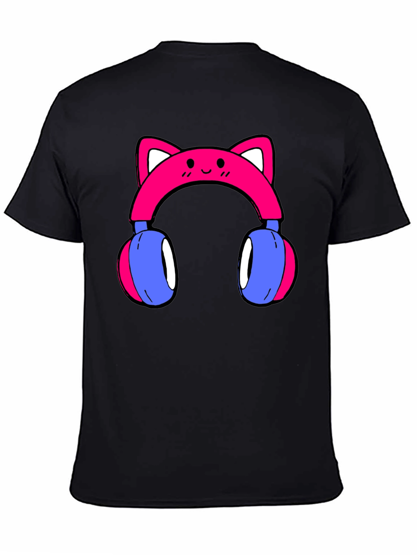 Black Cute Cat Ear Headphones Graphic Tee - Black view 4