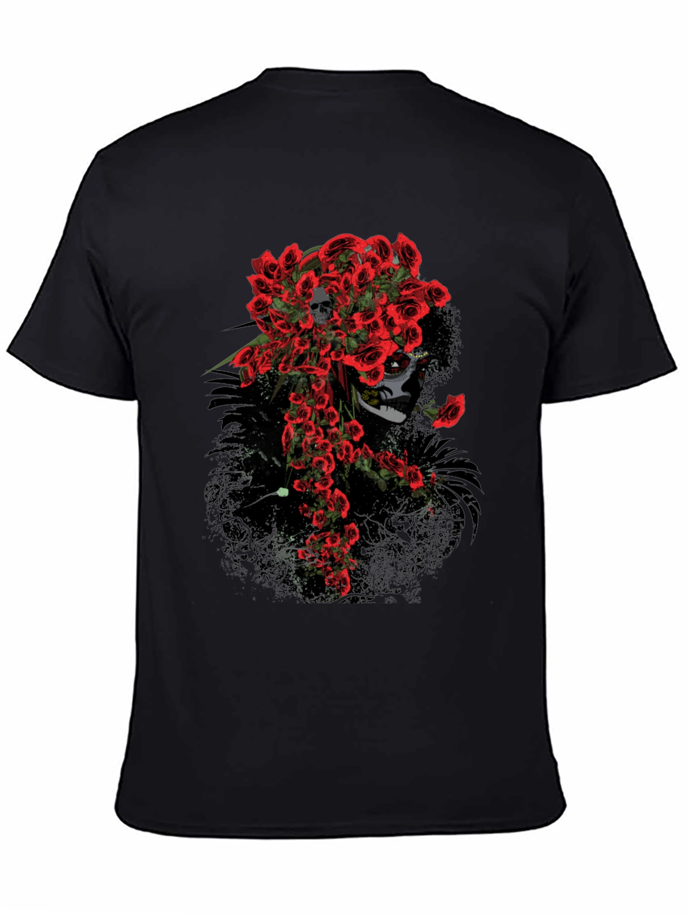 Black Skull and Roses Graphic Tee - Black Cotton T-Shirt view 4