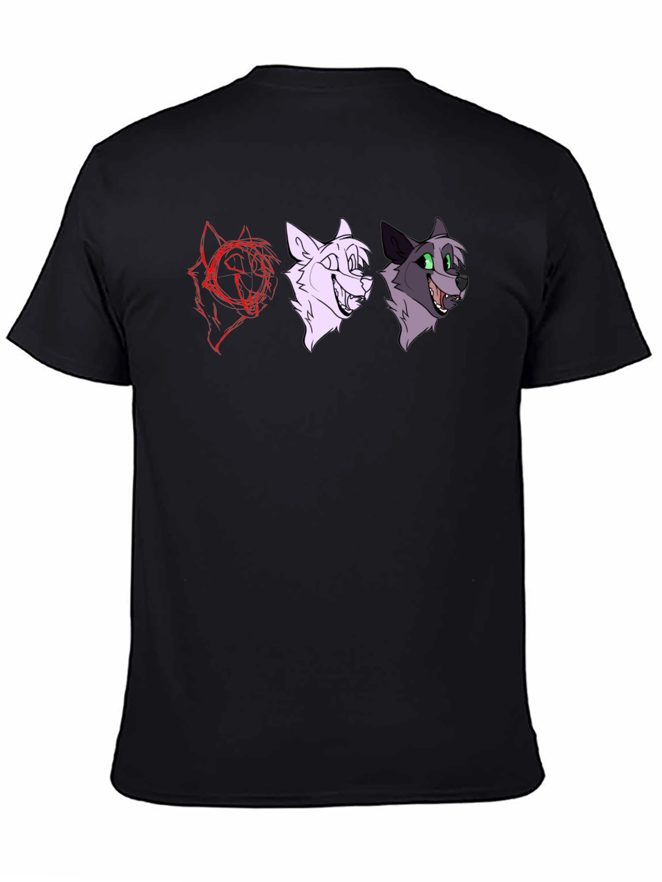 Black Cartoon Wolf Faces Black T-Shirt view 4