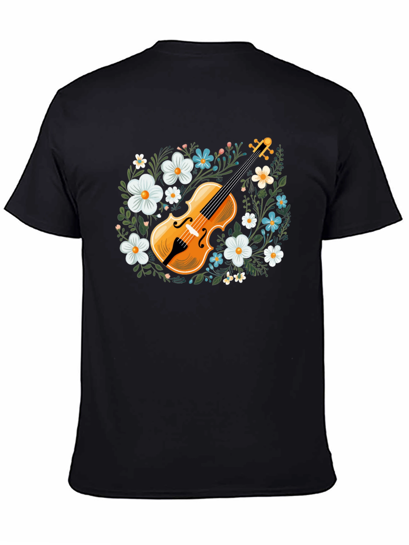 Black Floral Violin Graphic T-Shirt - Musical Style view 4