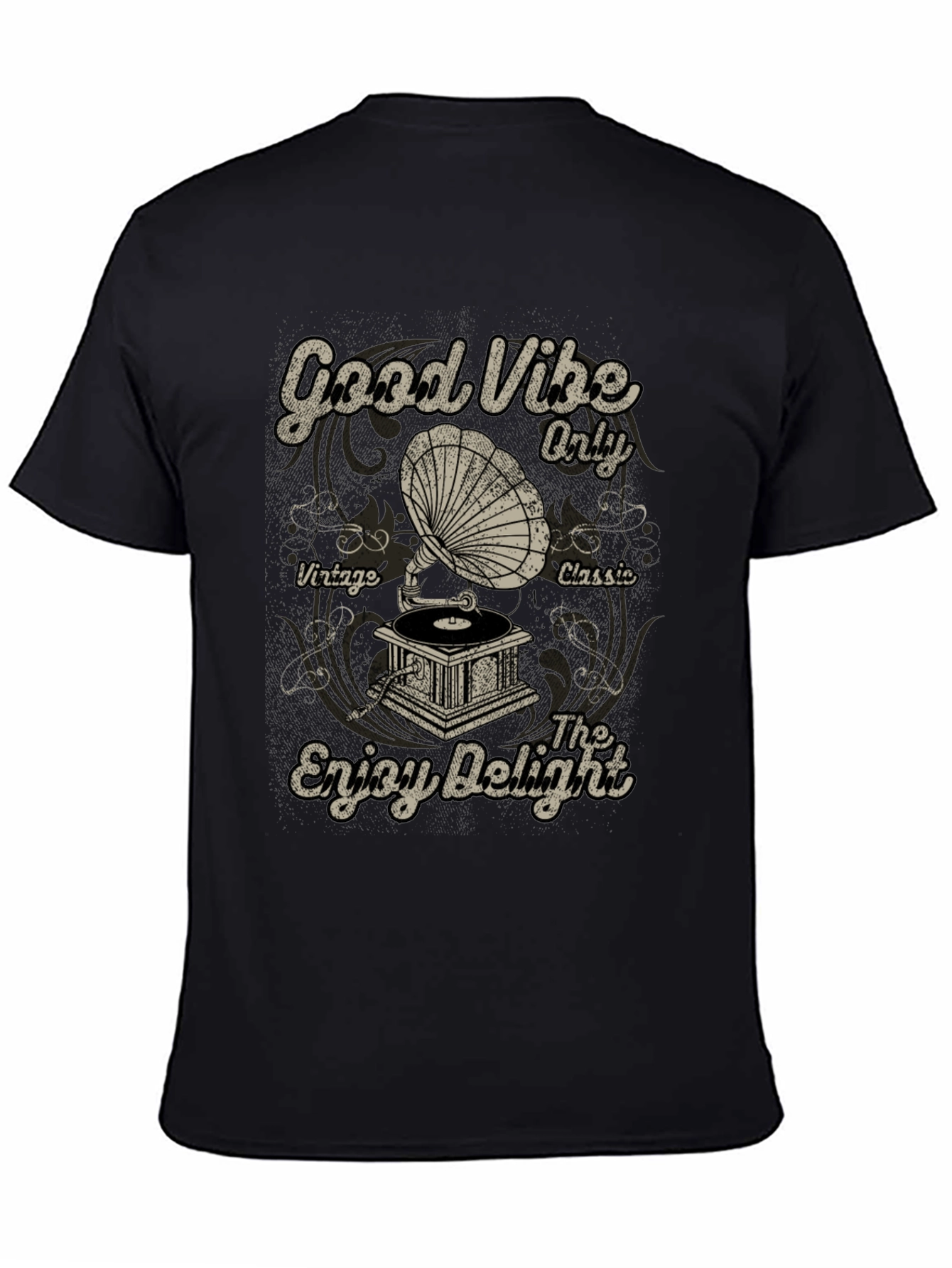 Black Good Vibes Vintage Gramophone Graphic T-Shirt view 4