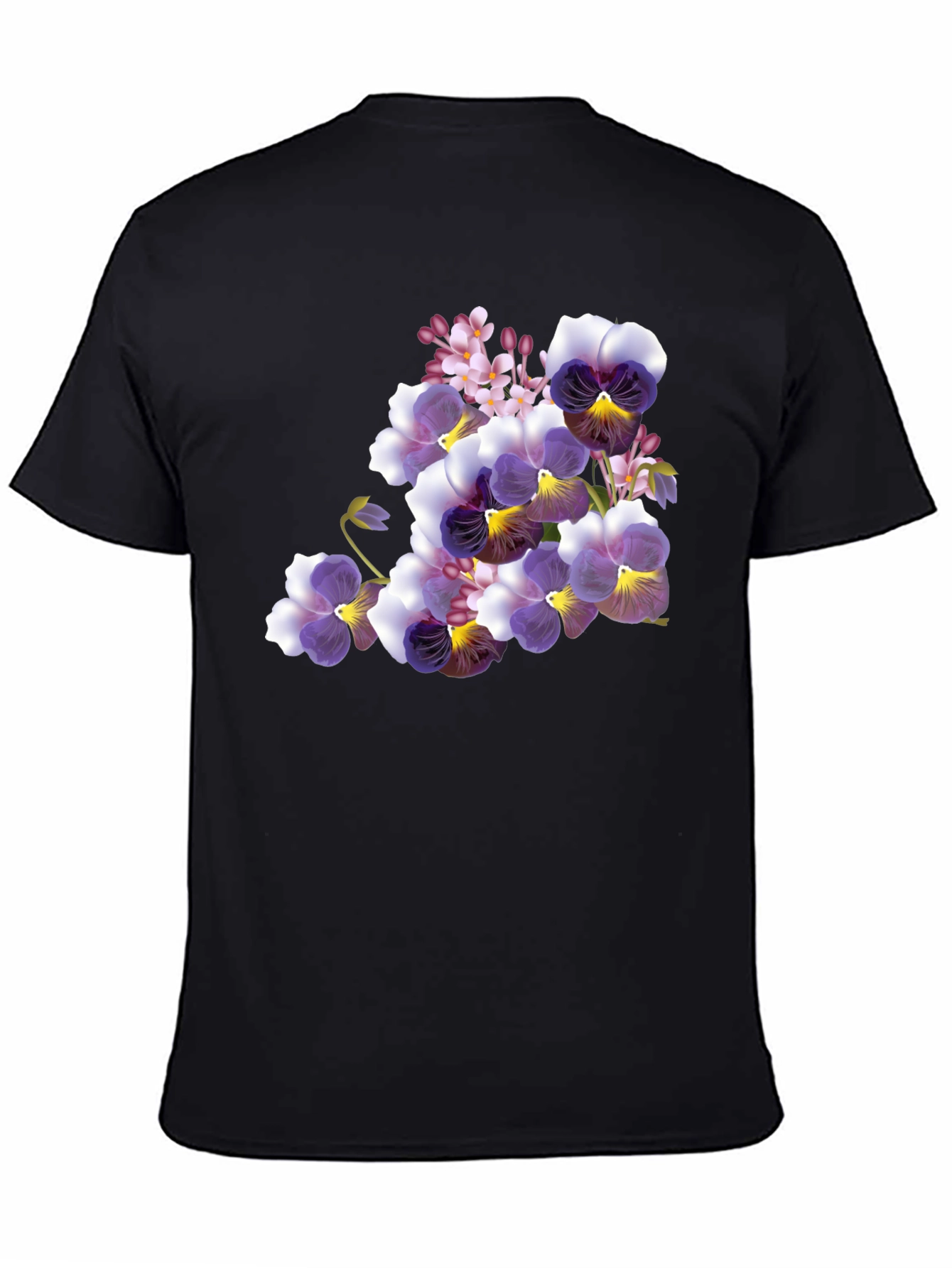 Black Floral Pansy Print Black T-Shirt view 4