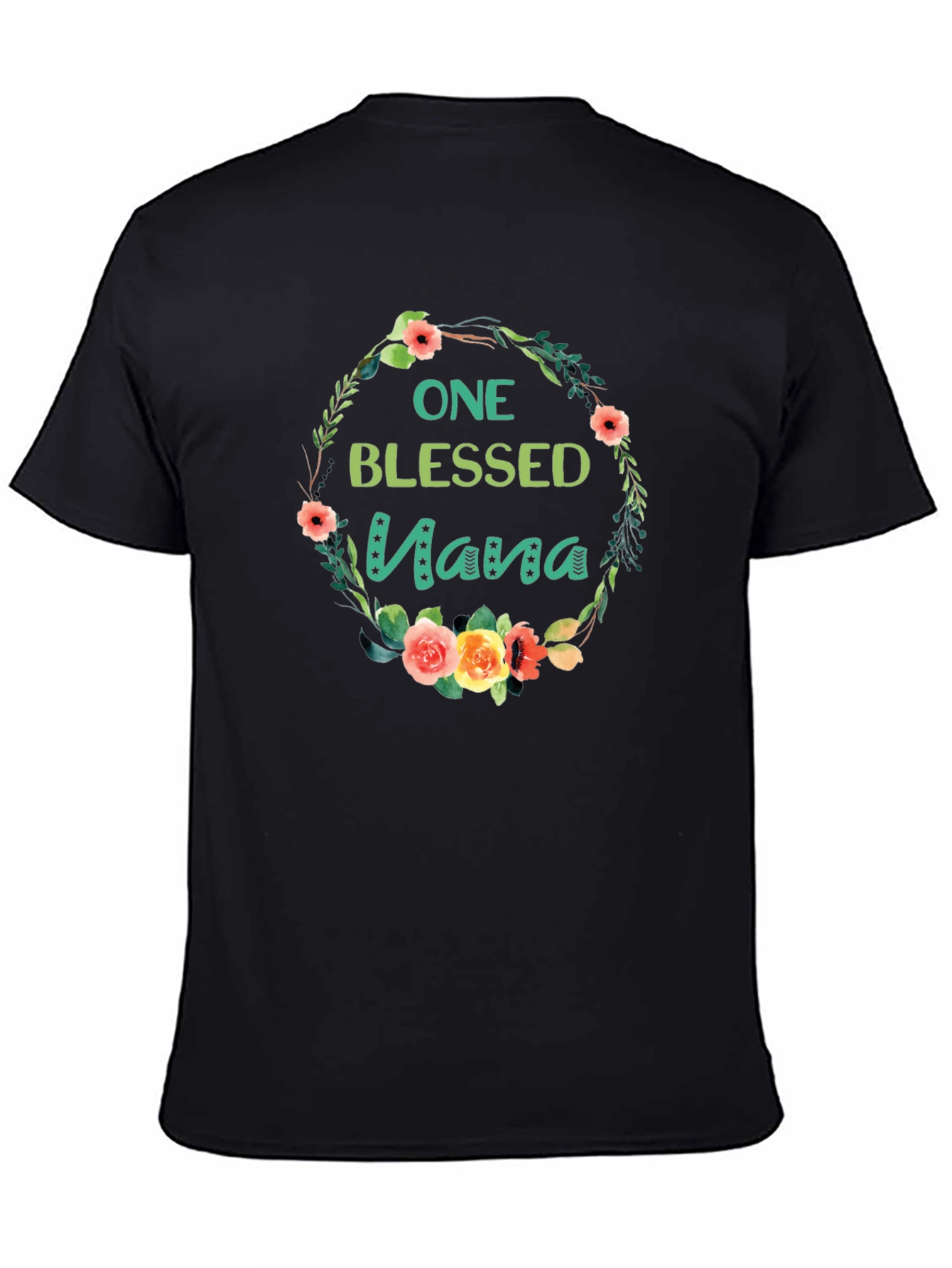 Black One Blessed Nana Floral Wreath Black T-Shirt view 4